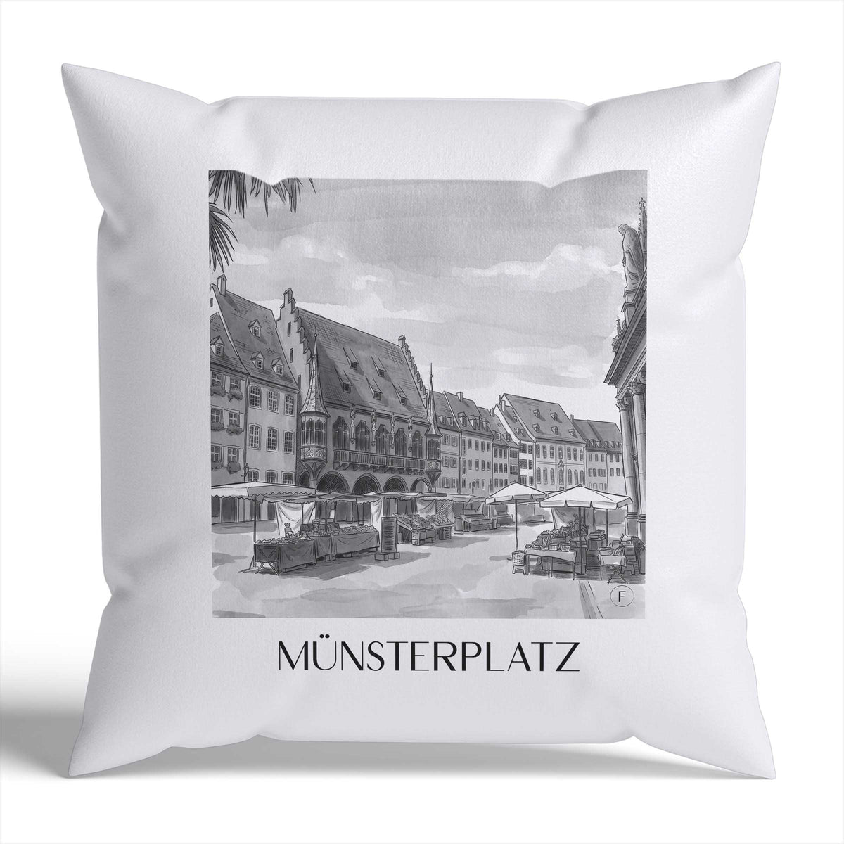 Münsterplatz Kissenhülle - Zierkissen Bezug - Freiburg - Deutschland Kissen bzw. Kissenbezug im Aquarell Schwarz-Weiß Stil - favplace