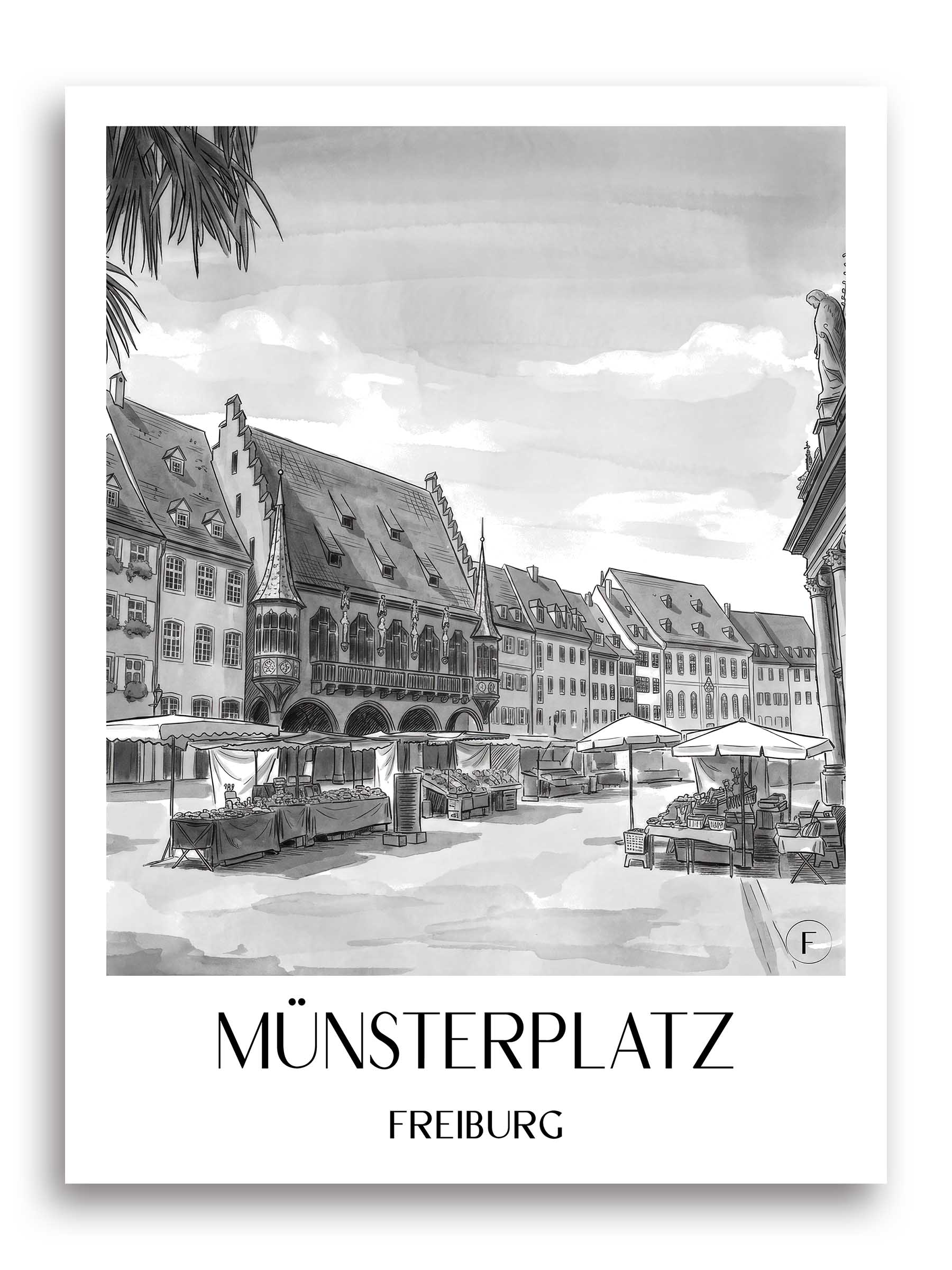 münsterplatz-freiburg-deutschland-poster-aquarell-schwarz-weiss