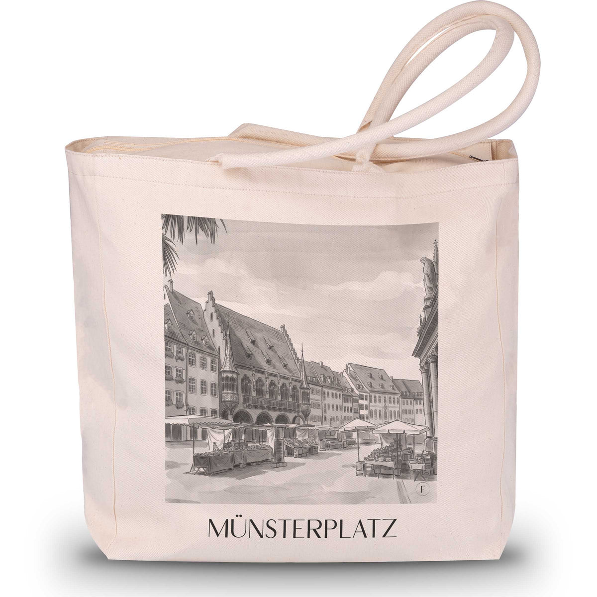 Münsterplatz Shopping Tasche - Freiburg - Deutschland Tote Bag - Einkaufstasche im Aquarell Schwarz-Weiß Stil - favplace