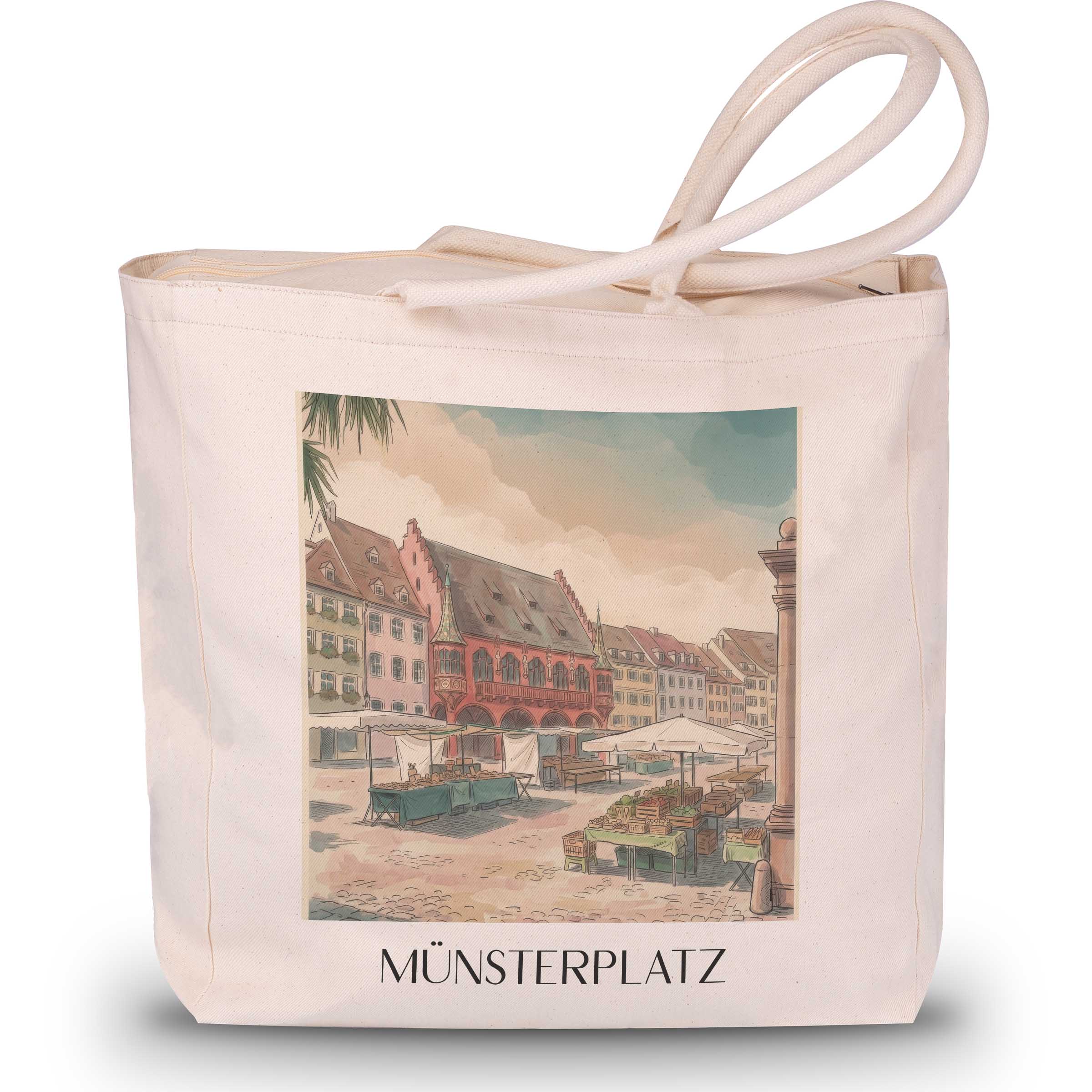 Münsterplatz Shopping Tasche - Freiburg - Deutschland Tote Bag - Einkaufstasche im Aquarell Stil - favplace
