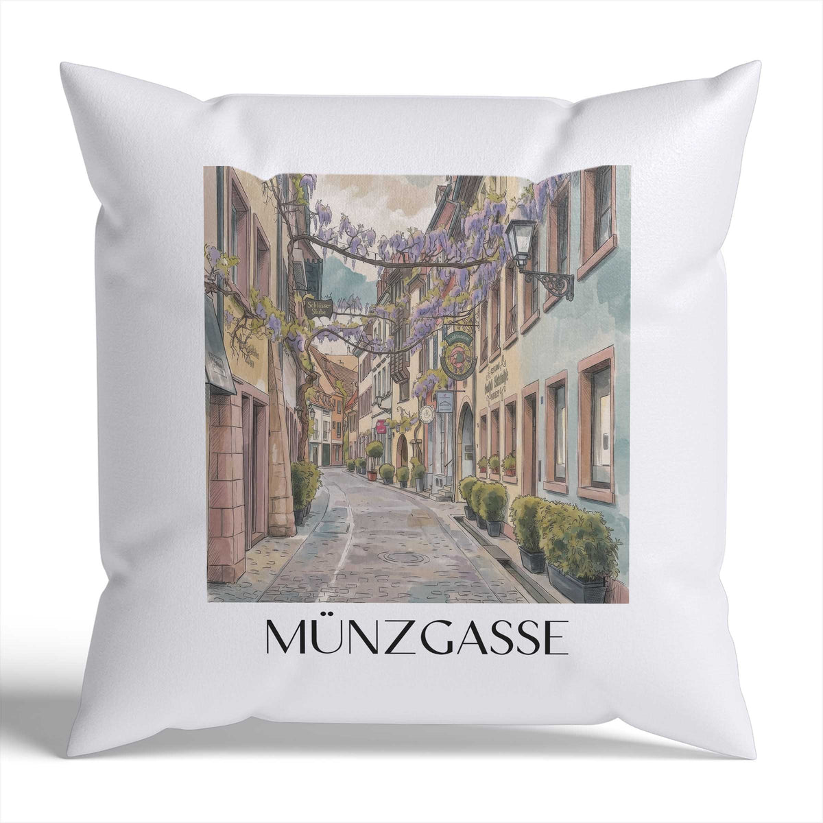 Münzgasse Kissenhülle - Zierkissen Bezug - Freiburg - Deutschland Kissen bzw. Kissenbezug im Aquarell Stil - favplace