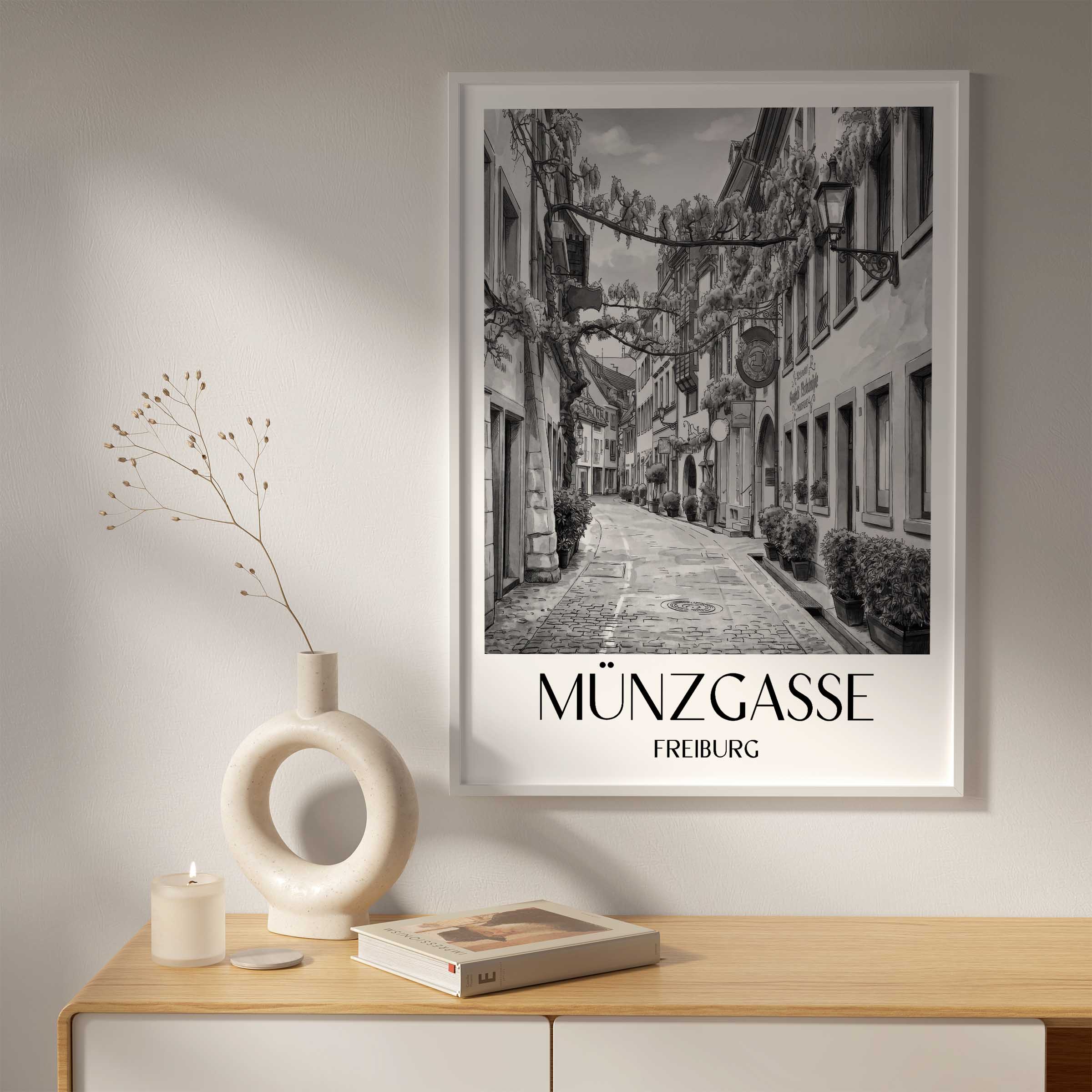 münzgasse-freiburg-deutschland-poster-aquarell-schwarz-weiss