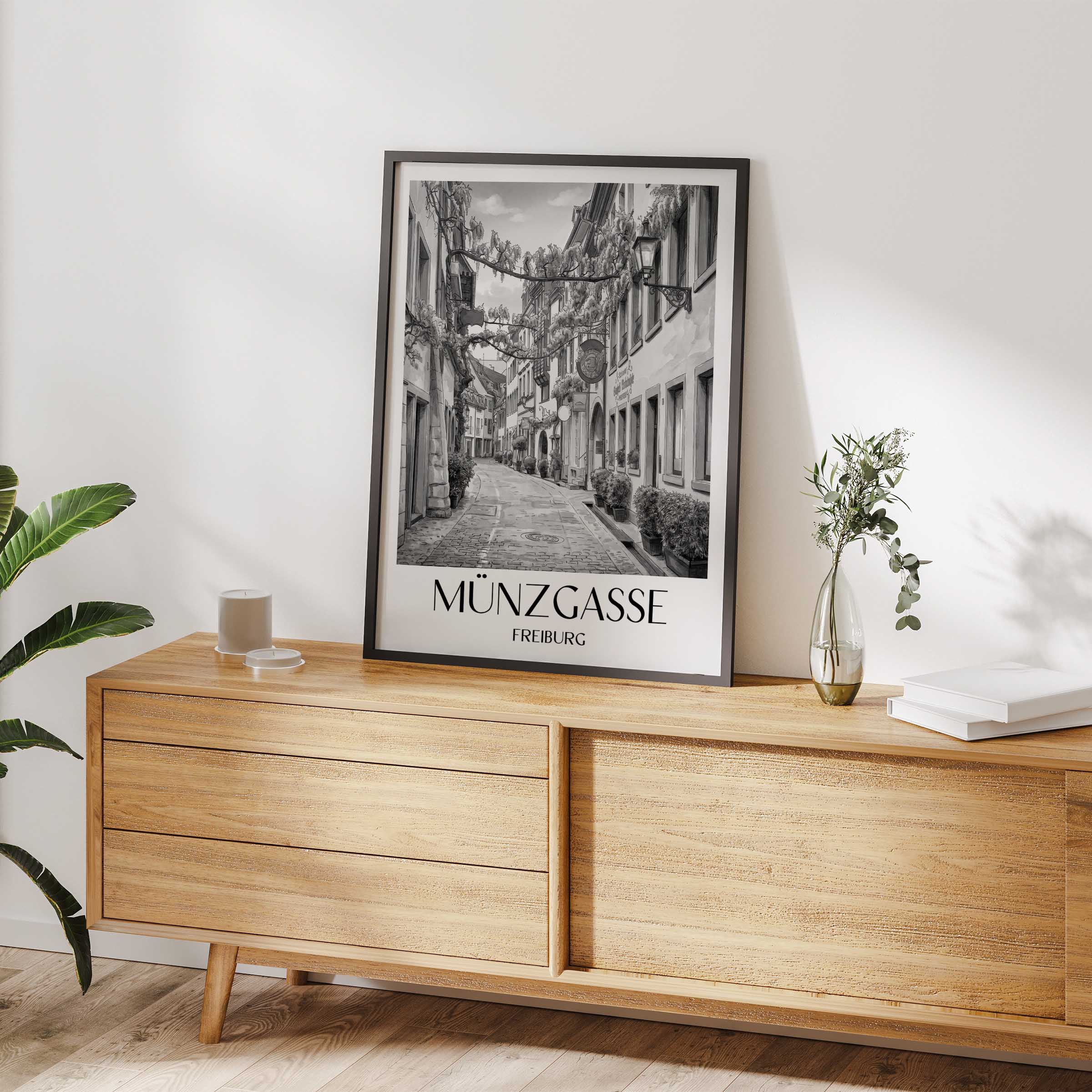münzgasse-freiburg-deutschland-poster-aquarell-schwarz-weiss
