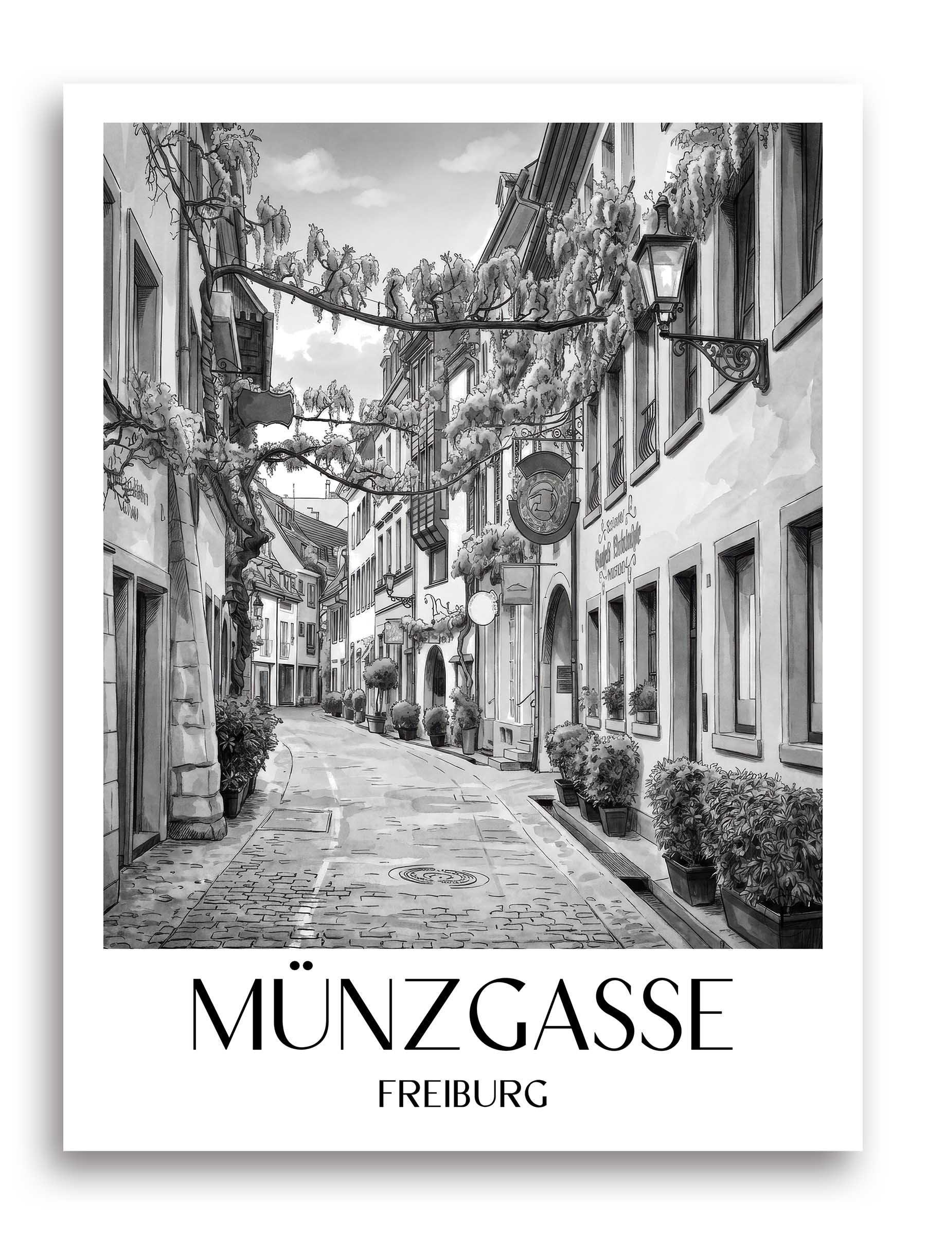 Münzgasse Poster - Freiburg - Deutschland Kunstdruck - Aquarell Schwarz-Weiß von A4 bis A1 - favplace