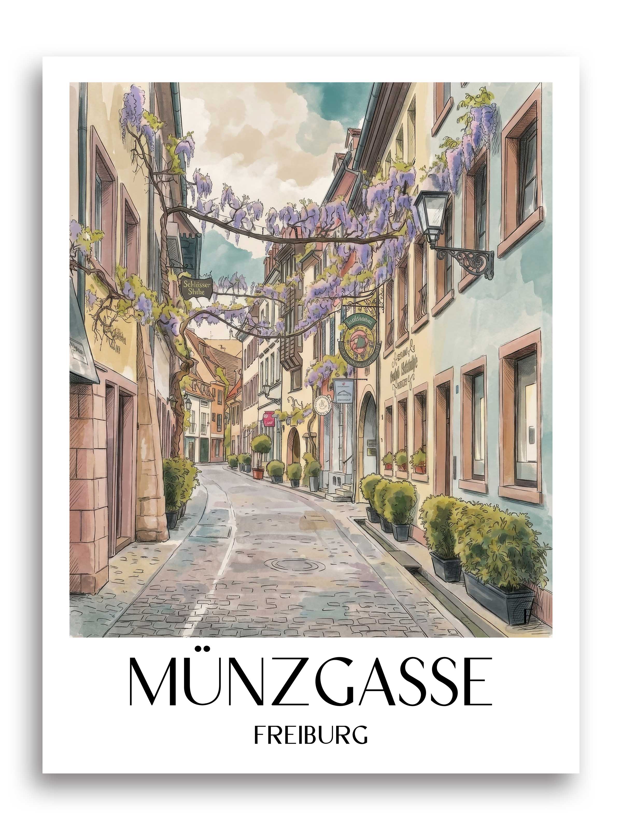 Münzgasse Poster - Freiburg - Deutschland Kunstdruck - Aquarell von A4 bis A1 - favplace