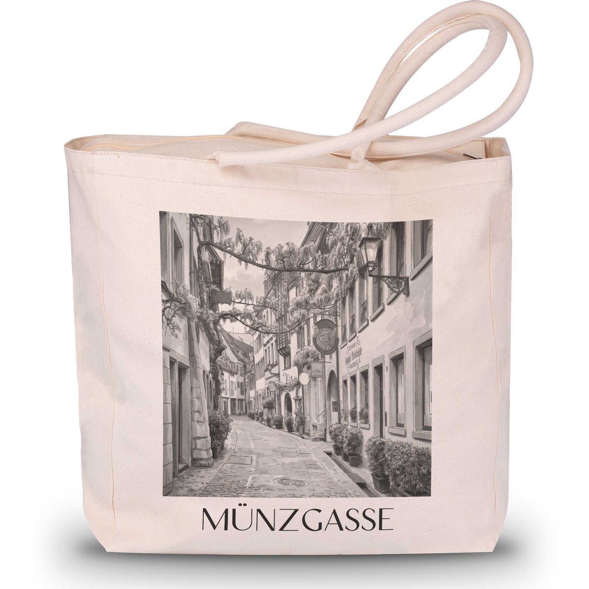 Münzgasse Shopping Tasche - Freiburg - Deutschland Tote Bag - Einkaufstasche im Aquarell Schwarz-Weiß Stil - favplace