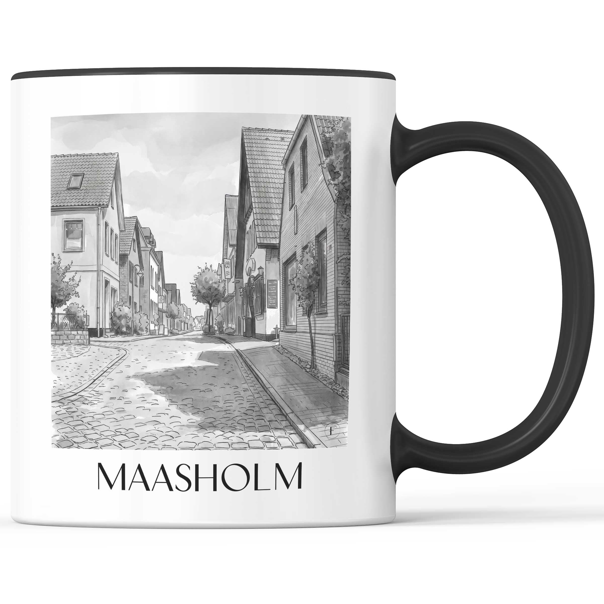 Maasholm Kaffeebecher - Schleswig - Deutschland Becher - Kaffeetasse im Aquarell Schwarz-Weiß Stil - favplace