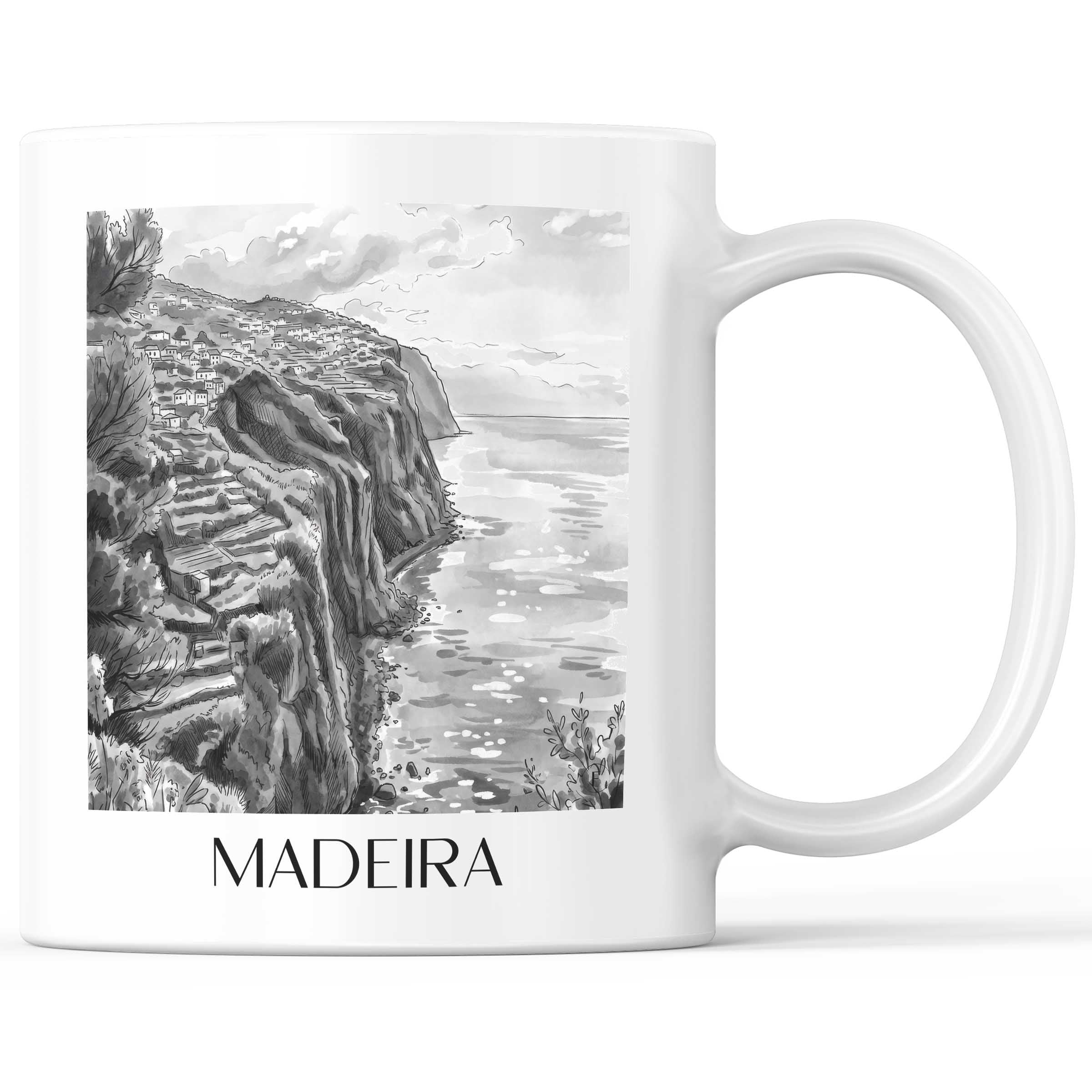 Madeira - Portugal Becher - Kaffeetasse im Aquarell Schwarz-Weiß Stil - favplace