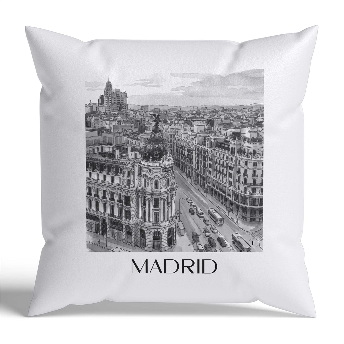Madrid Kissenhülle - Zierkissen Bezug - Spanien - Spanien Kissen bzw. Kissenbezug im Aquarell Schwarz-Weiß Stil - favplace