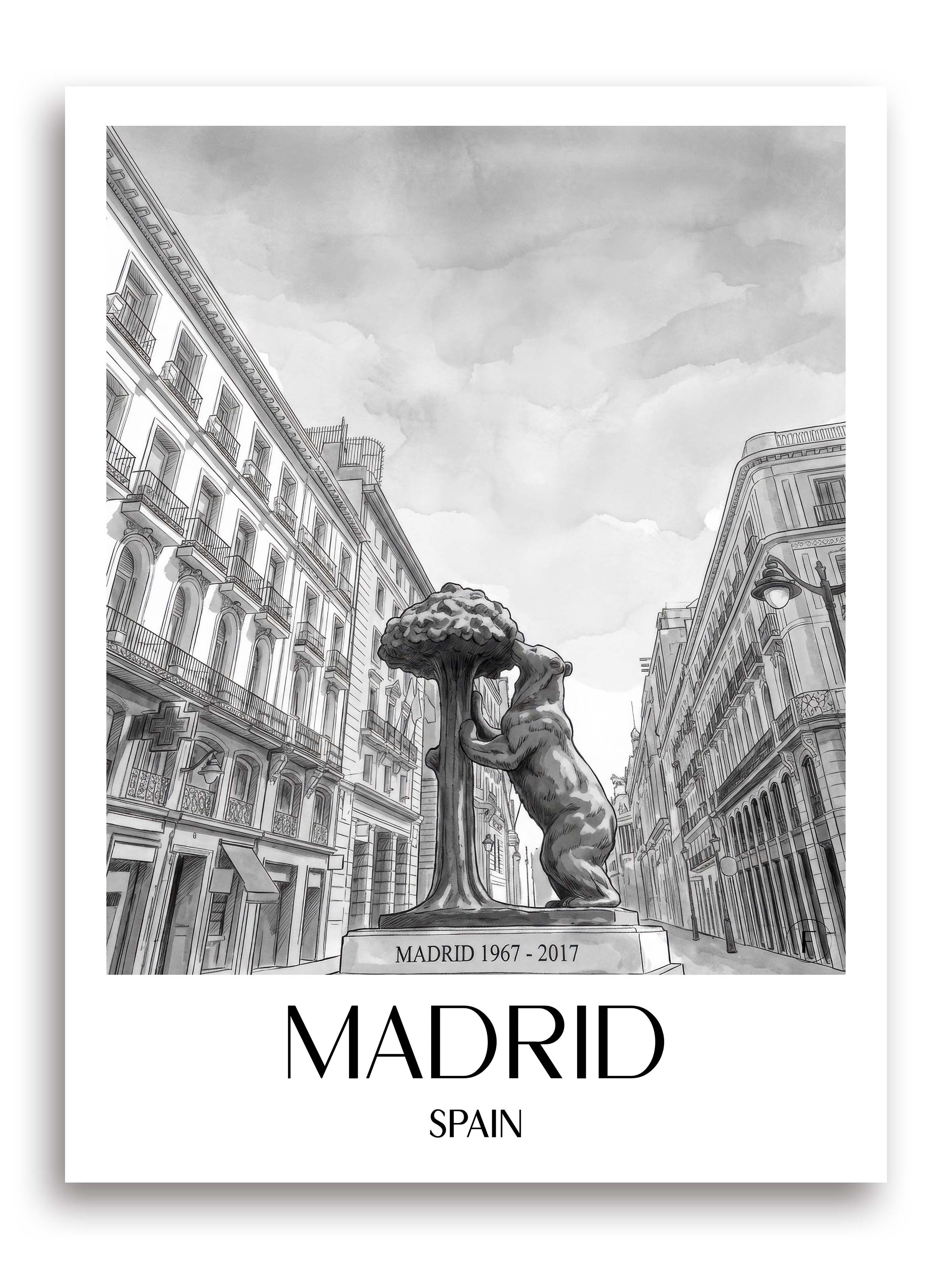 Madrid Poster - Spanien - Spanien Kunstdruck - Aquarell Schwarz-Weiß von A4 bis A1 - favplace