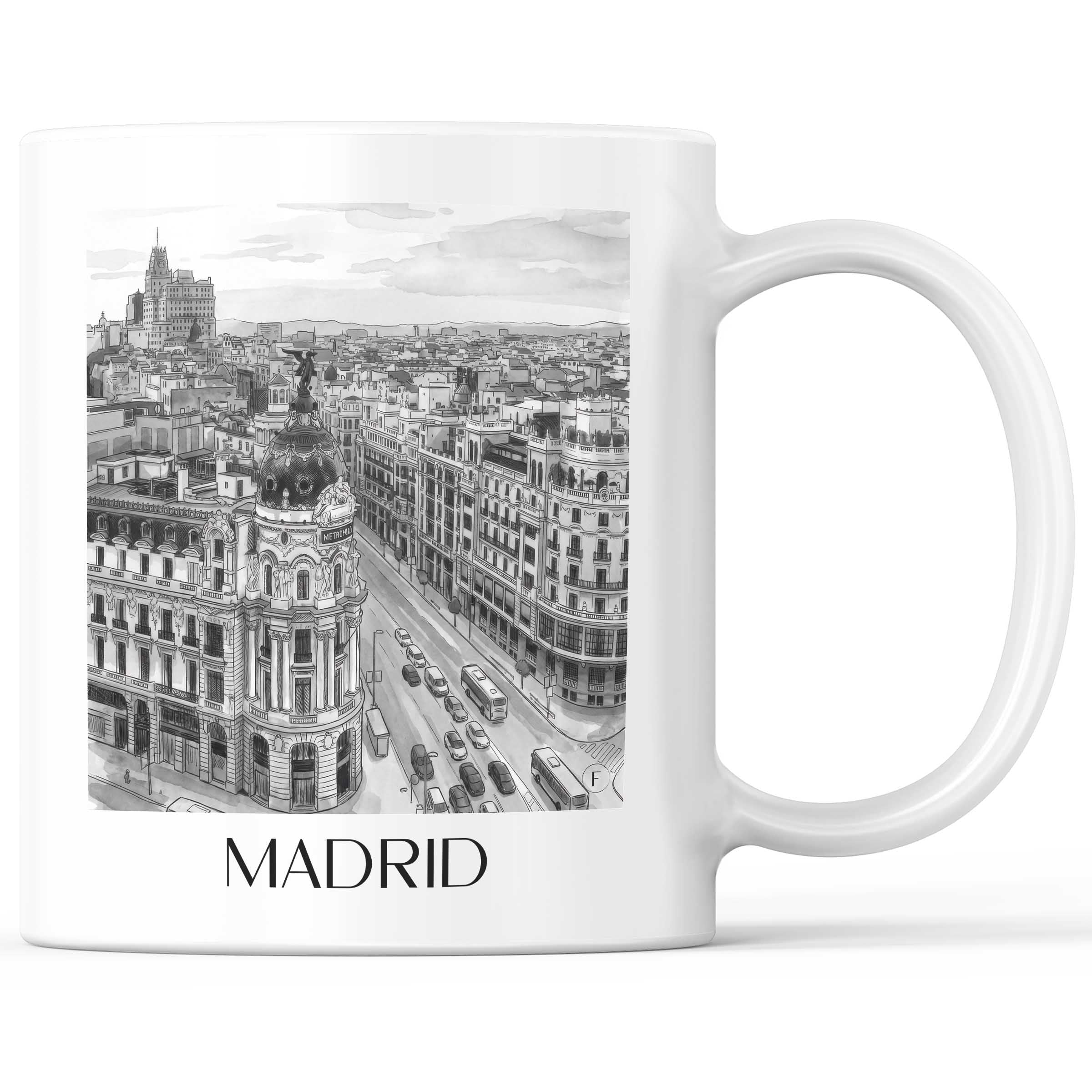 Madrid - Spanien Becher - Kaffeetasse im Aquarell Schwarz-Weiß Stil - favplace