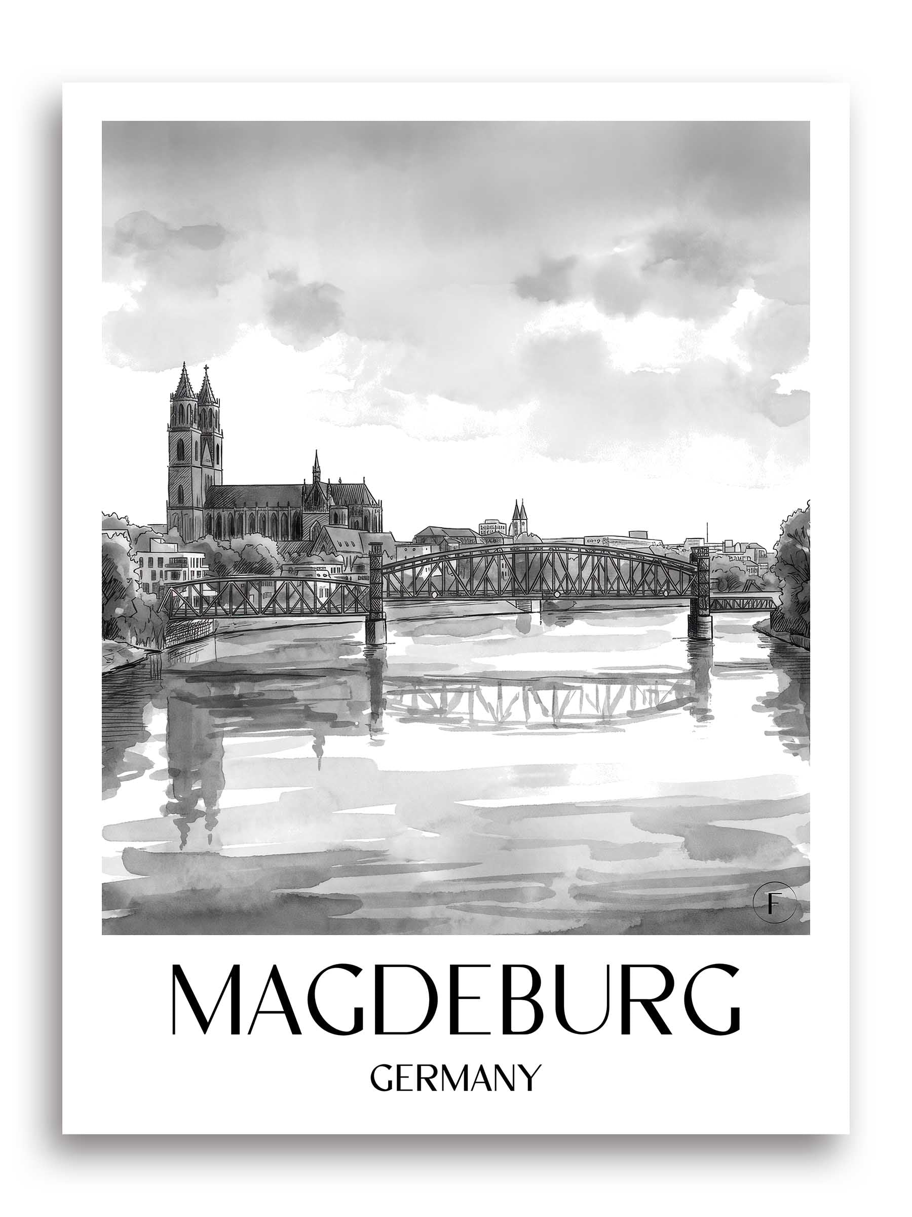 Magdeburg Poster - Sachsen-Anhalt - Deutschland Kunstdruck - Aquarell Schwarz-Weiß von A4 bis A1 - favplace