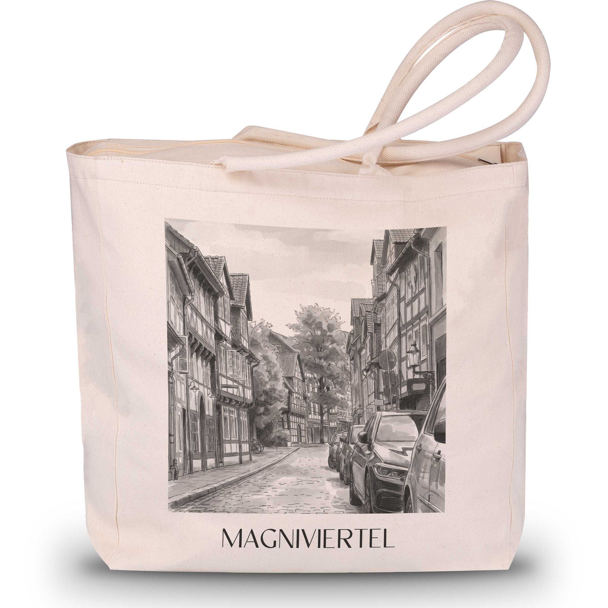 Magniviertel Shopping Tasche - Braunschweig - Deutschland Tote Bag - Einkaufstasche im Aquarell Schwarz-Weiß Stil - favplace