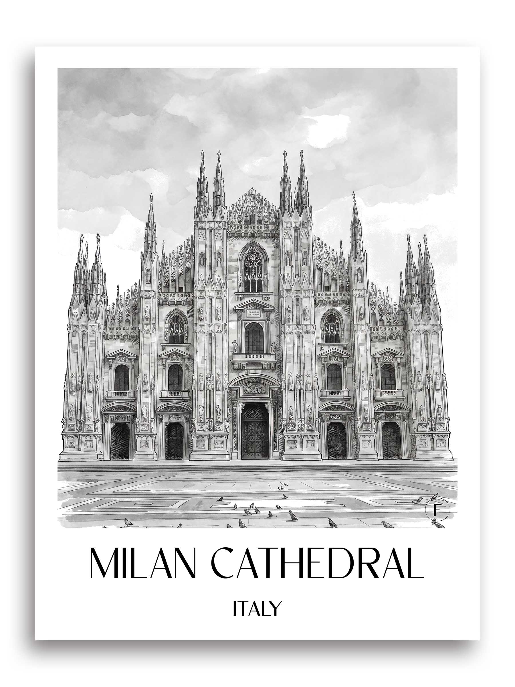 Mailänder Dom Poster - - Italien Kunstdruck - Aquarell Schwarz-Weiß von A4 bis A1 - favplace