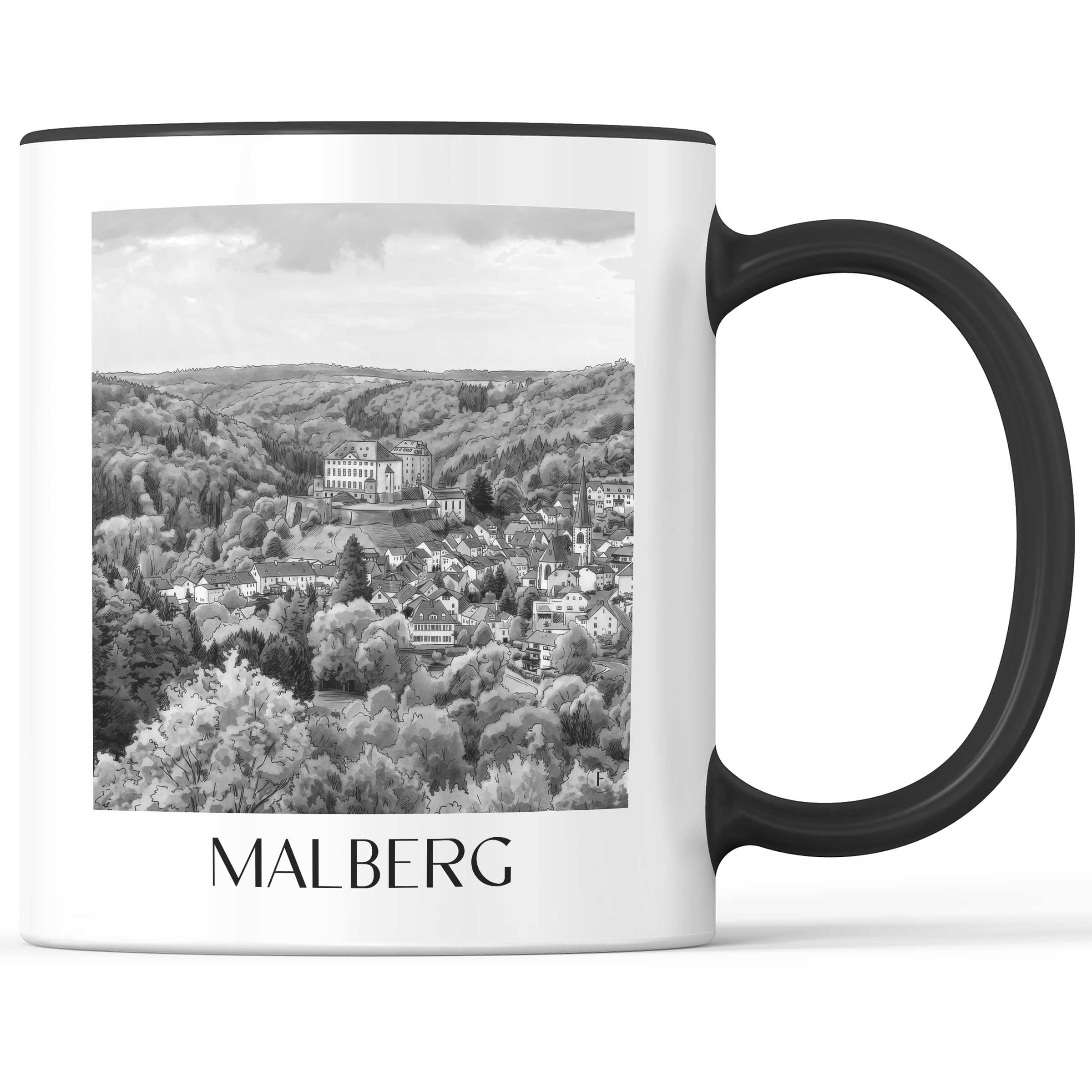 malberg-eifel-deutschland-kaffeebecher-aquarell-schwarz-weiss