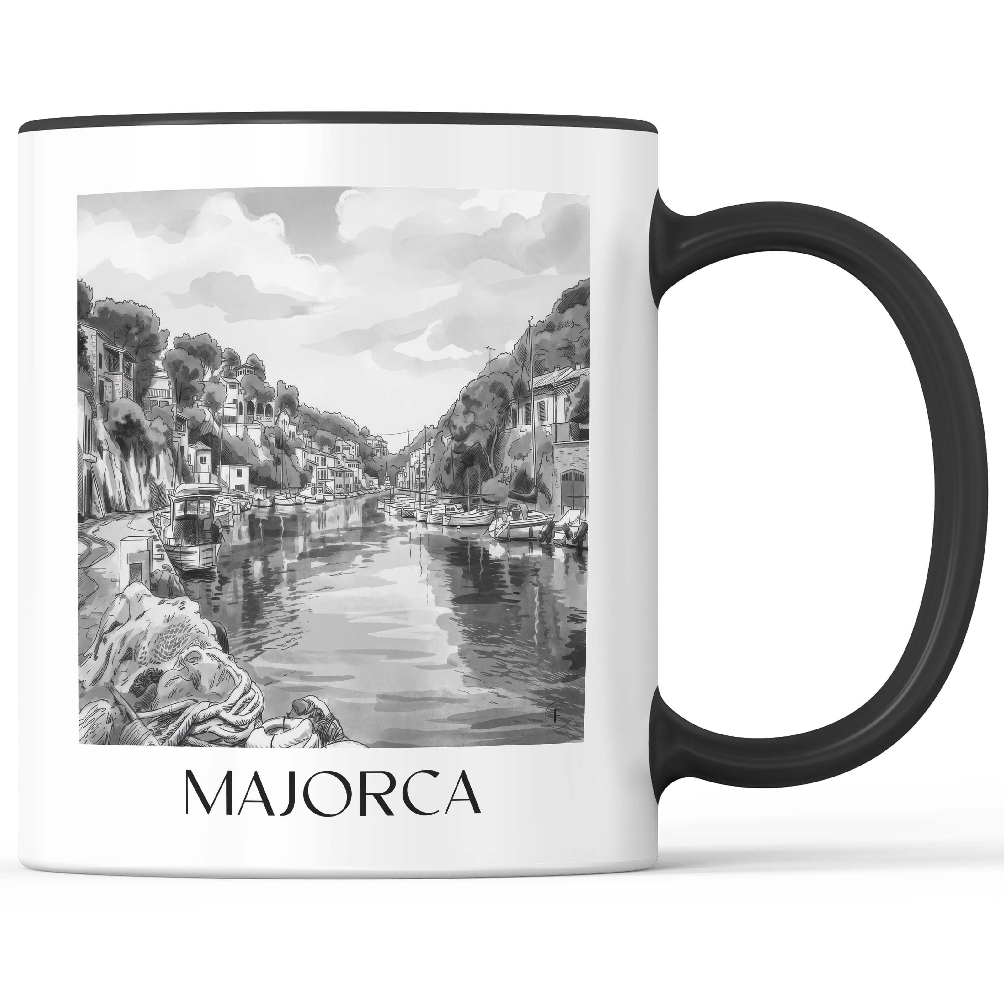 Mallorca Kaffeebecher - Spanien - Spanien Becher - Kaffeetasse im Aquarell Schwarz-Weiß Stil - favplace