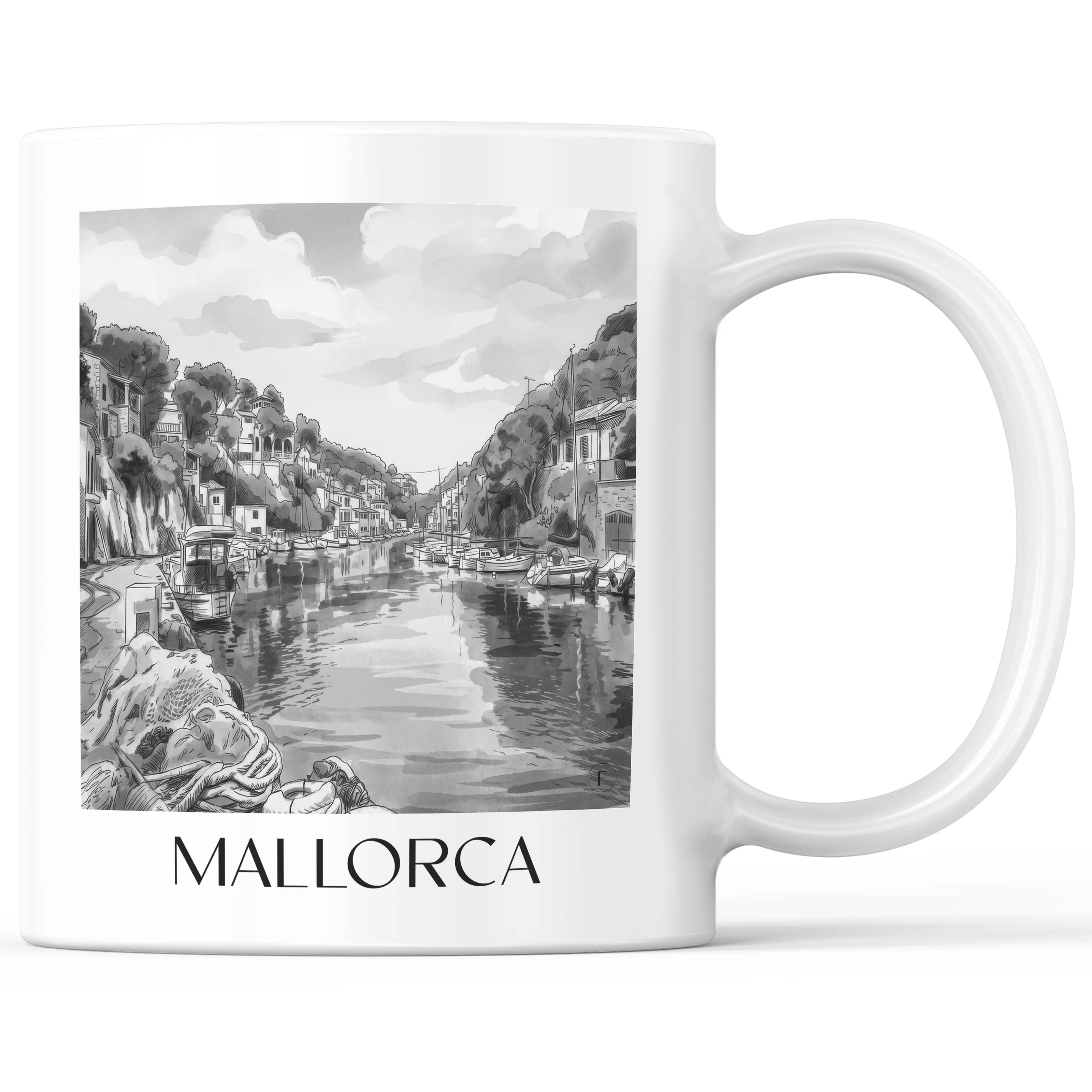 Mallorca Kaffeebecher - Spanien - Spanien Becher - Kaffeetasse im Aquarell Schwarz-Weiß Stil - favplace