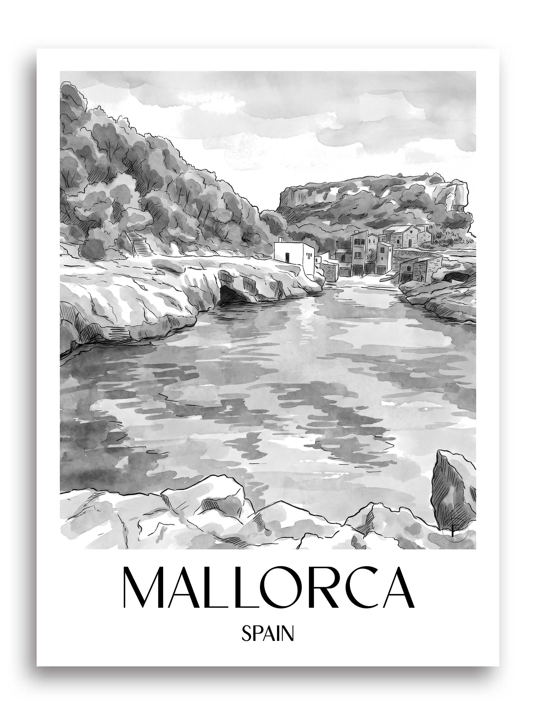 Mallorca Poster - - Spanien Kunstdruck - Aquarell Schwarz-Weiß von A4 bis A1 - favplace