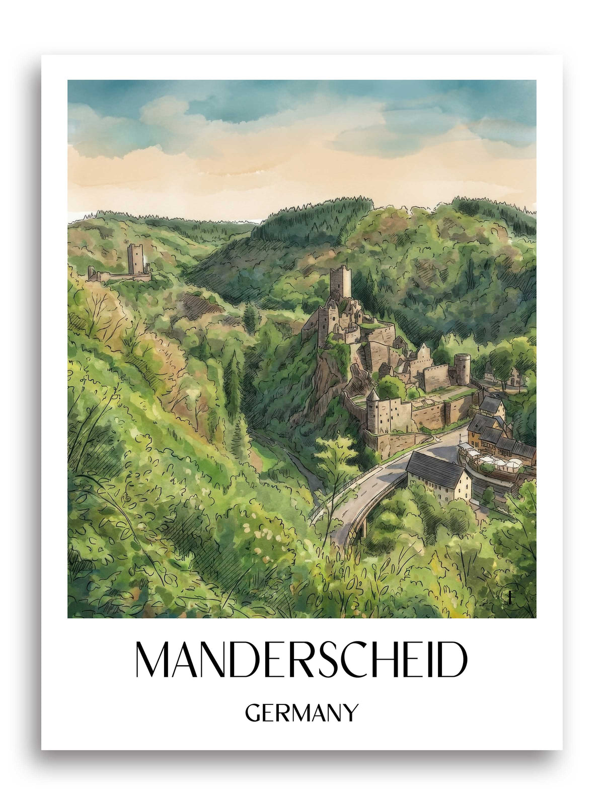 Manderscheid Poster - Vulkaneifel - Deutschland Kunstdruck - Aquarell von A4 bis A1 - favplace