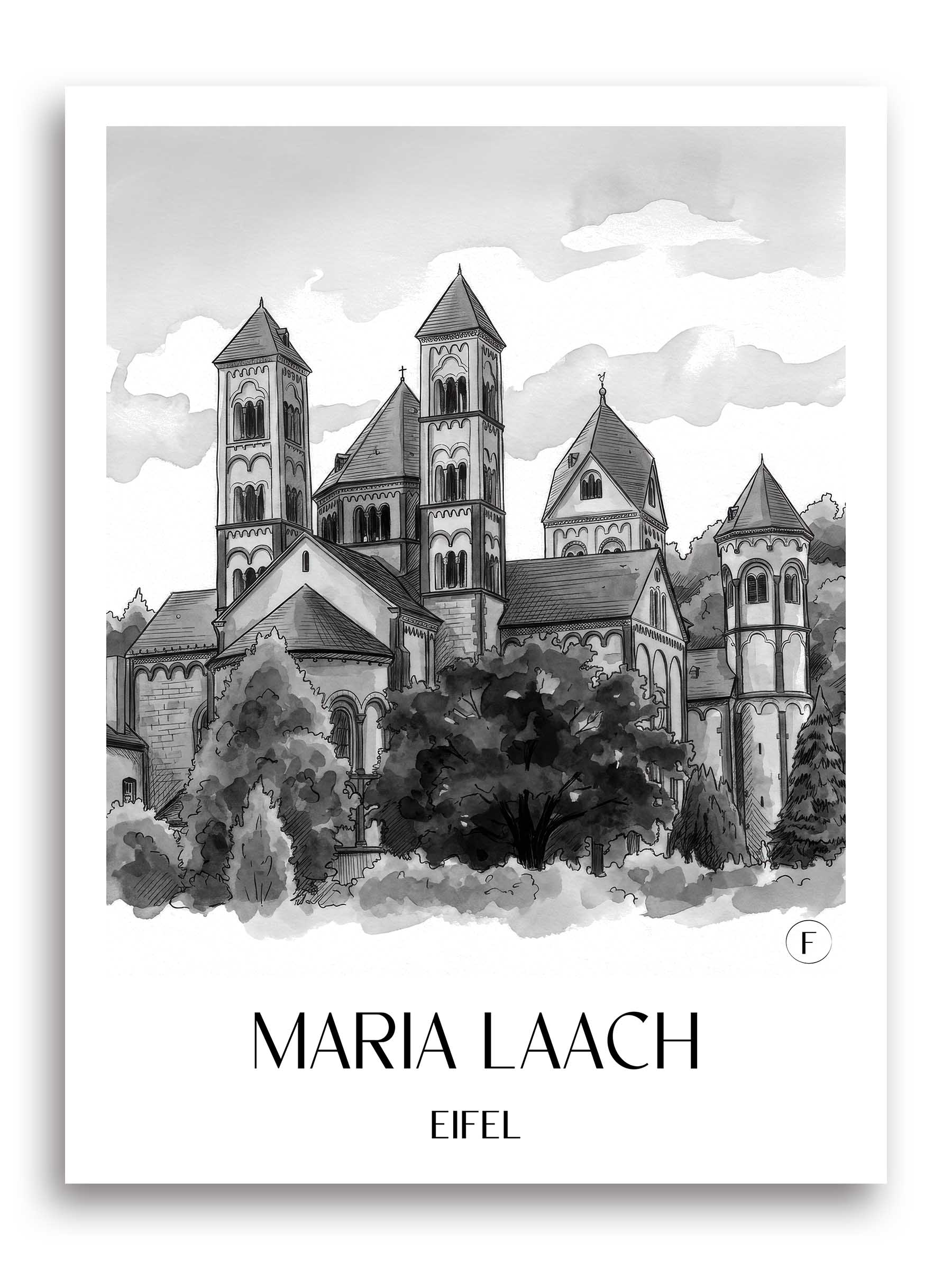 maria-laach-eifel-deutschland-poster-aquarell-schwarz-weiss