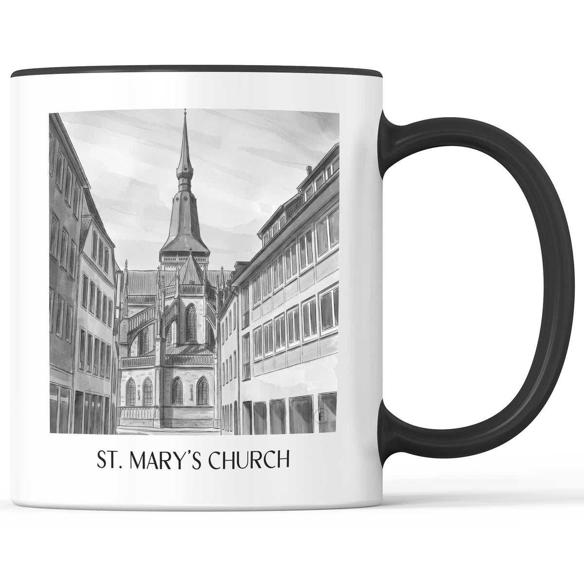 Marienkirche Kaffeebecher - Osnabrück - Deutschland Becher - Kaffeetasse im Aquarell Schwarz-Weiß Stil - favplace