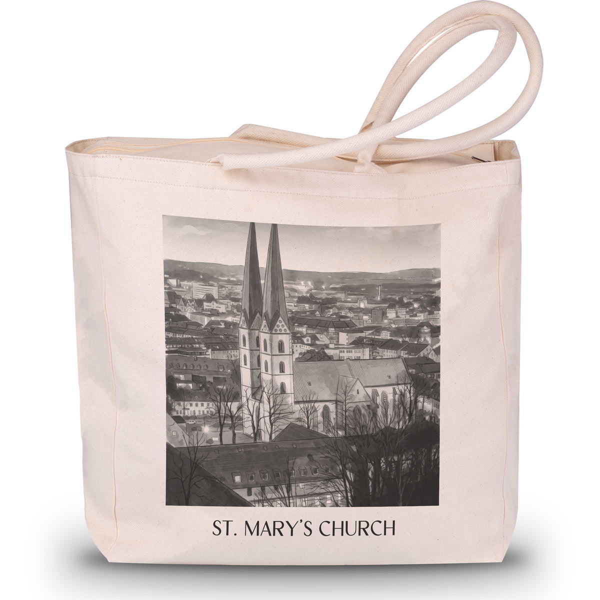 Marienkirche Shopping Tasche - Bielefeld - Deutschland Tote Bag - Einkaufstasche im Aquarell Schwarz-Weiß Stil - favplace