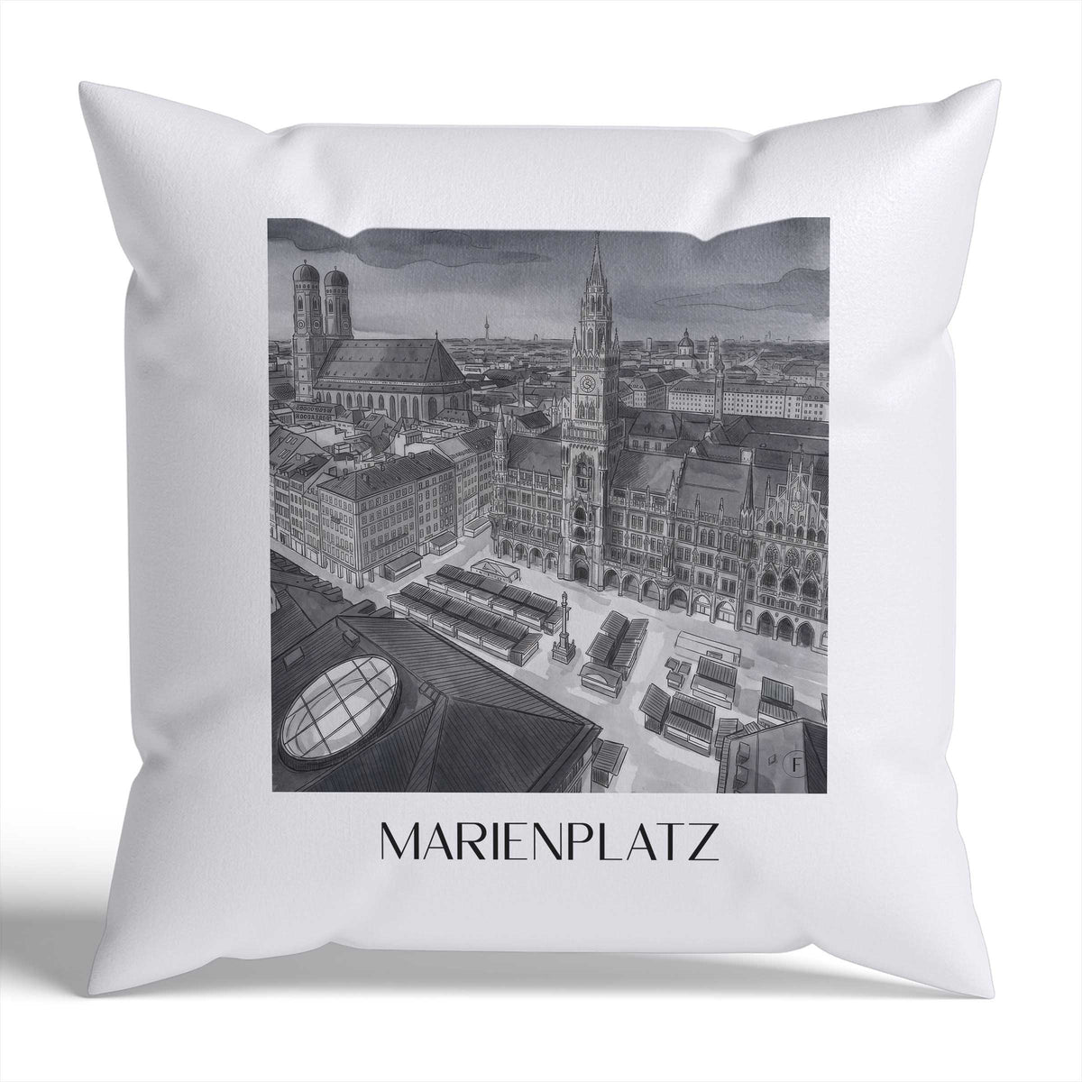 Marienplatz Kissenhülle - Zierkissen Bezug - München - Deutschland Kissen bzw. Kissenbezug im Aquarell Schwarz-Weiß Stil - favplace