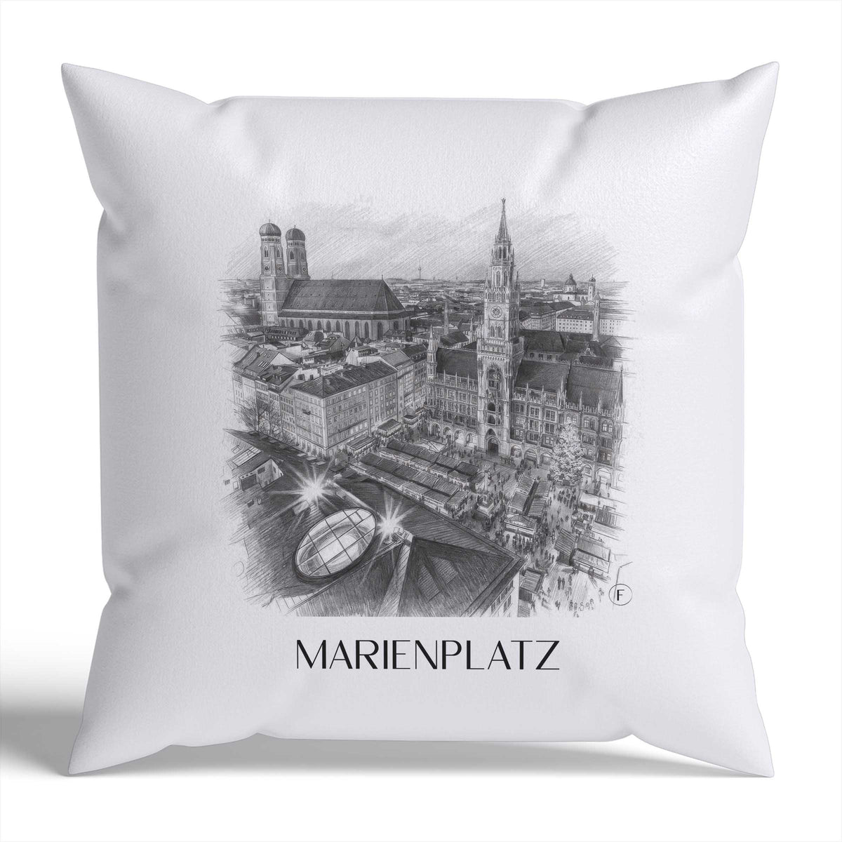 marienplatz-münchen-deutschland-kissenbezug-bleistift-zeichnung-drawing