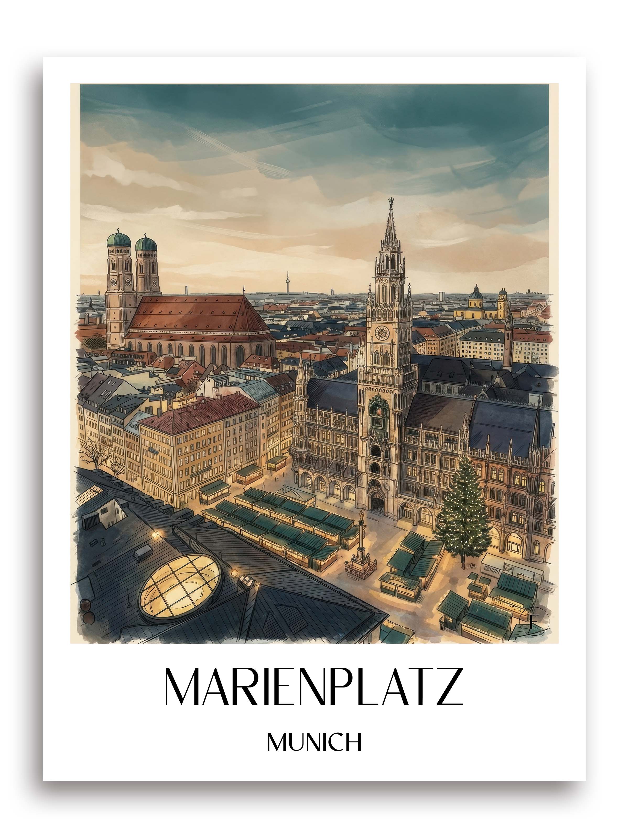 Marienplatz Poster - München - Deutschland Kunstdruck - Aquarell von A4 bis A1 - favplace