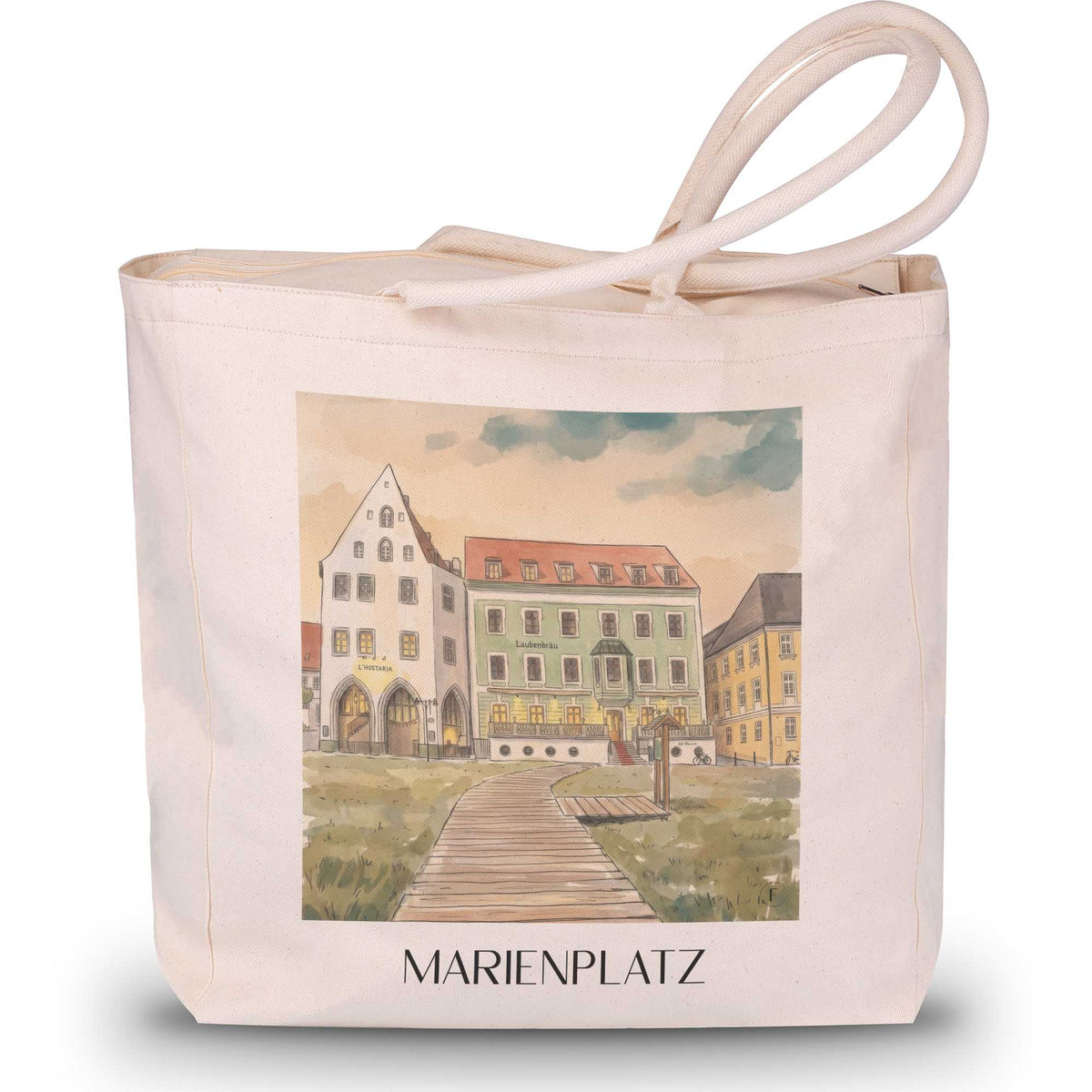 marienplatz-freising-deutschland-einkaufstasche-aquarell