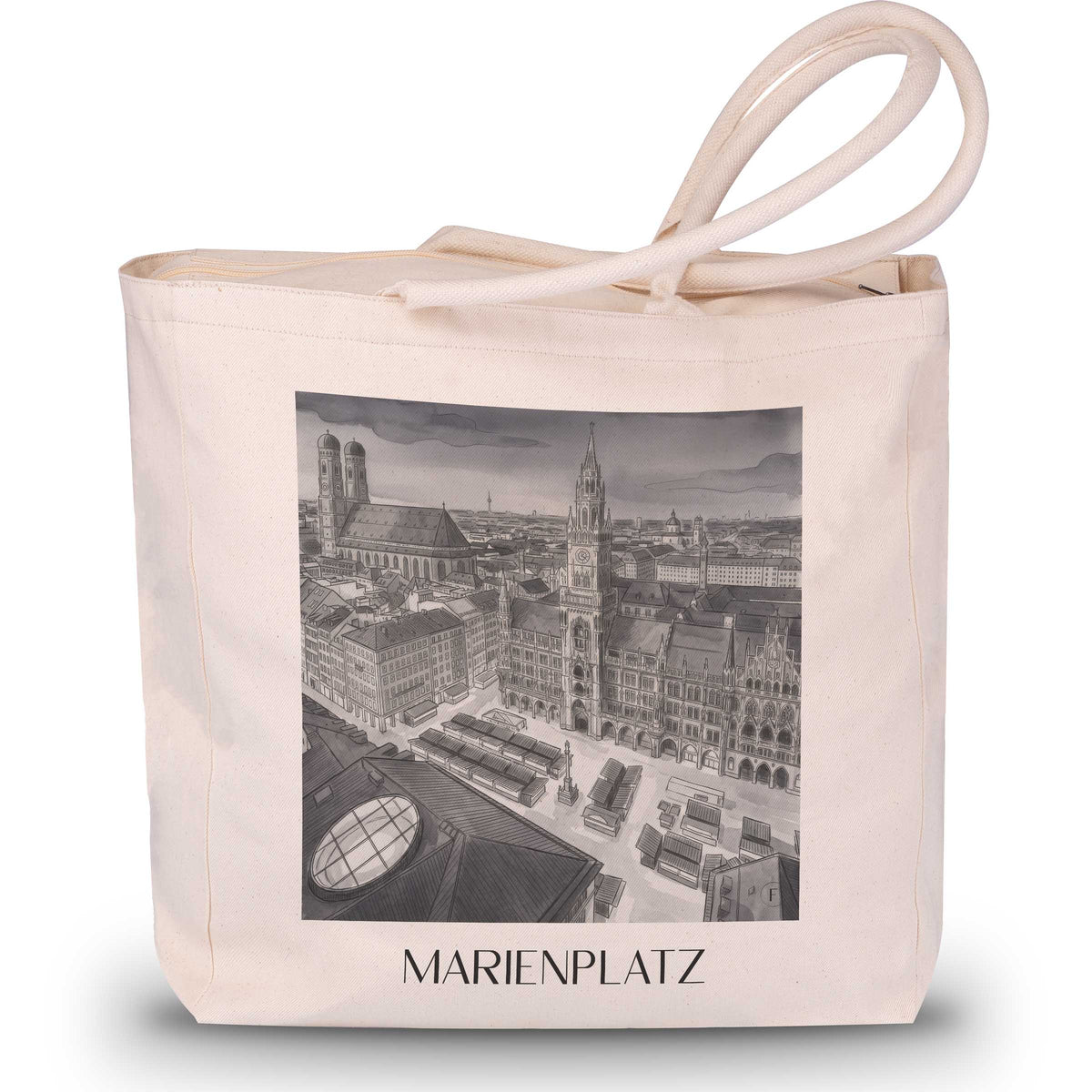 Marienplatz Shopping Tasche - München - Deutschland Tote Bag - Einkaufstasche im Aquarell Schwarz-Weiß Stil - favplace