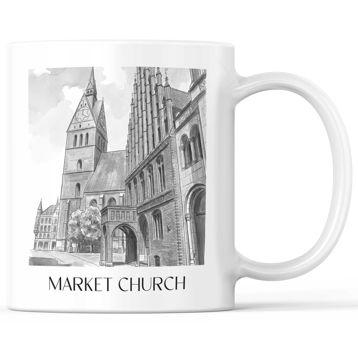 Marktkirche Kaffeebecher - Hannover - Deutschland Becher - Kaffeetasse im Aquarell Schwarz-Weiß Stil - favplace