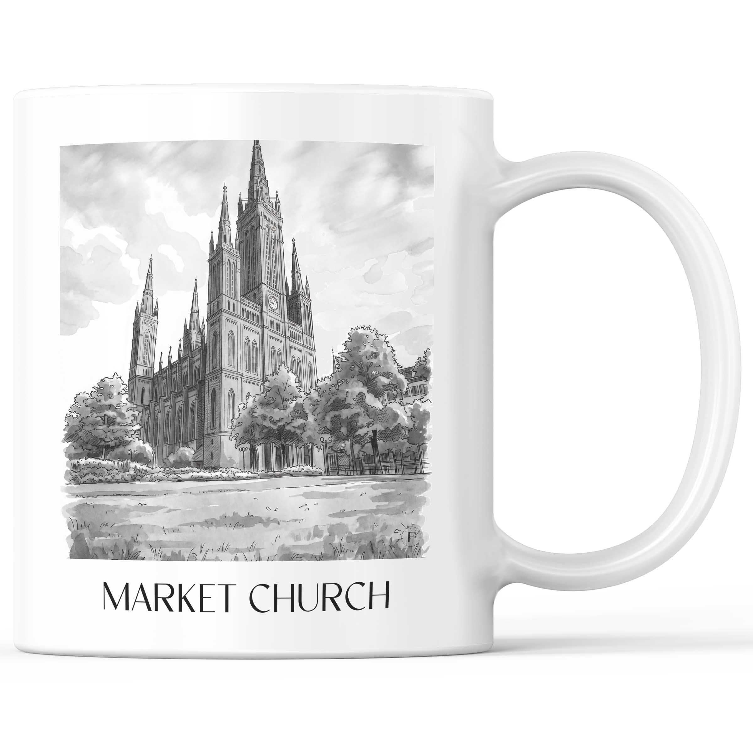 Marktkirche Kaffeebecher - Wiesbaden - Deutschland Becher - Kaffeetasse im Aquarell Schwarz-Weiß Stil - favplace