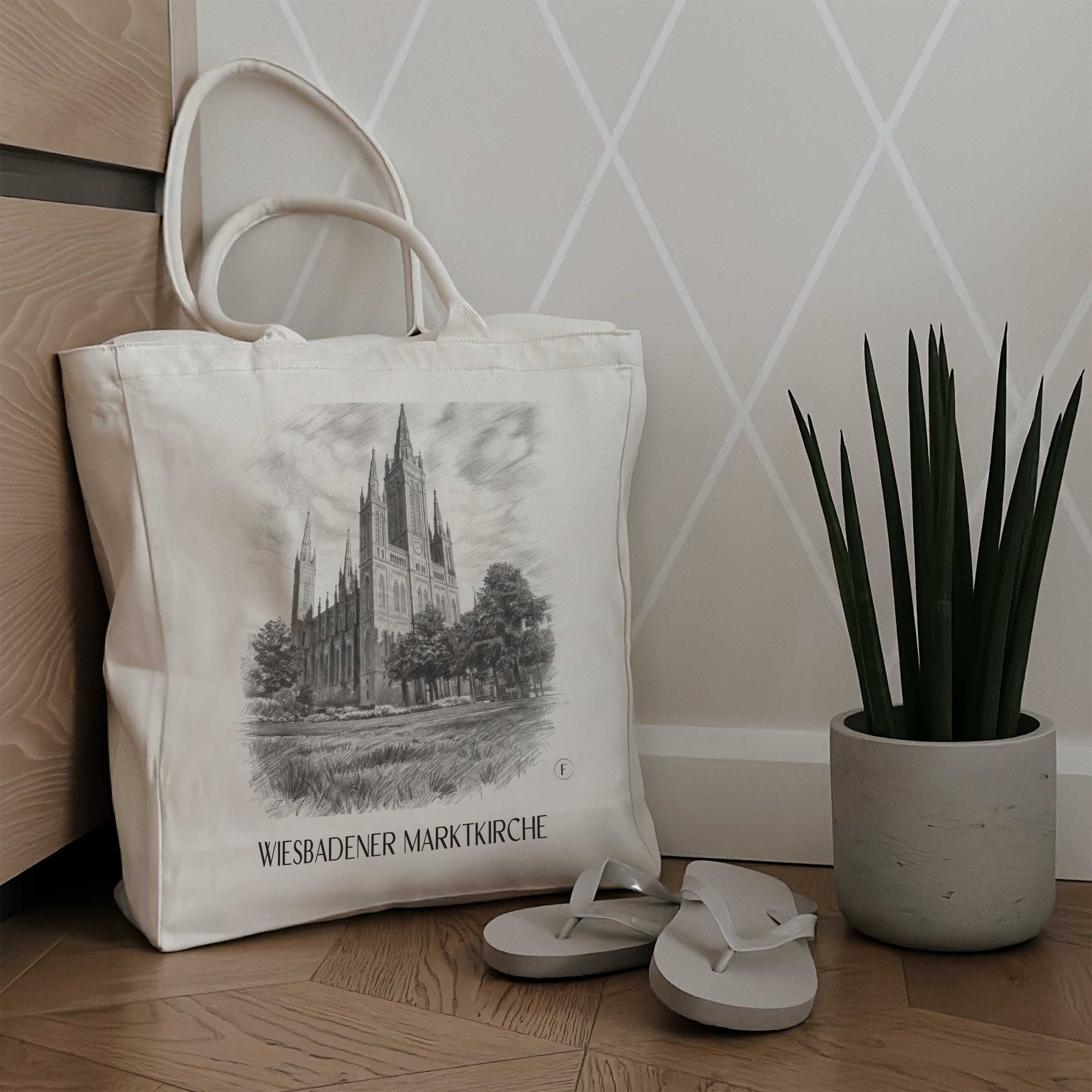 marktkirche-wiesbaden-deutschland-einkaufstasche-bleistift-zeichnung-drawing