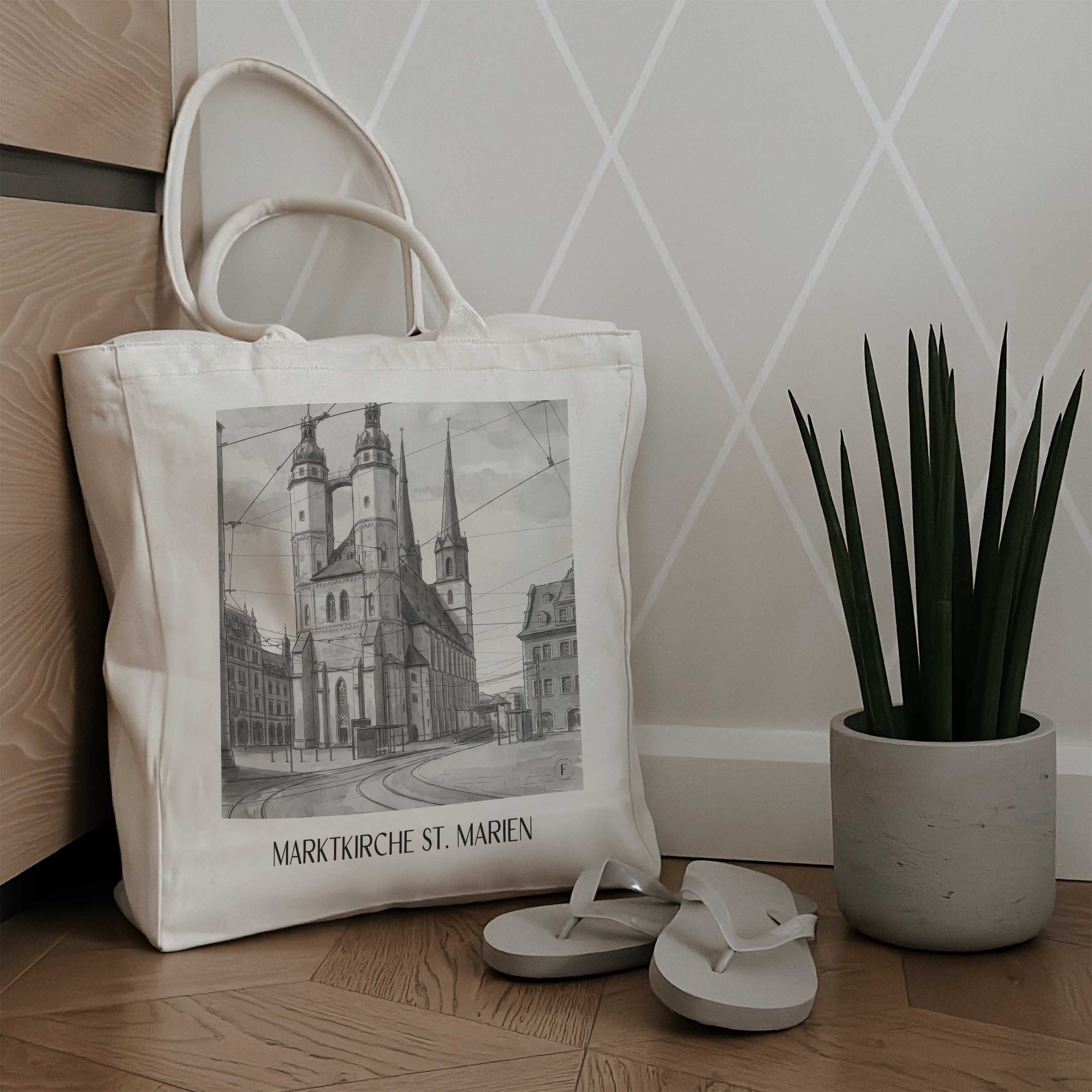 marktkirche-st.-marien-halle-deutschland-einkaufstasche-aquarell-schwarz-weiss