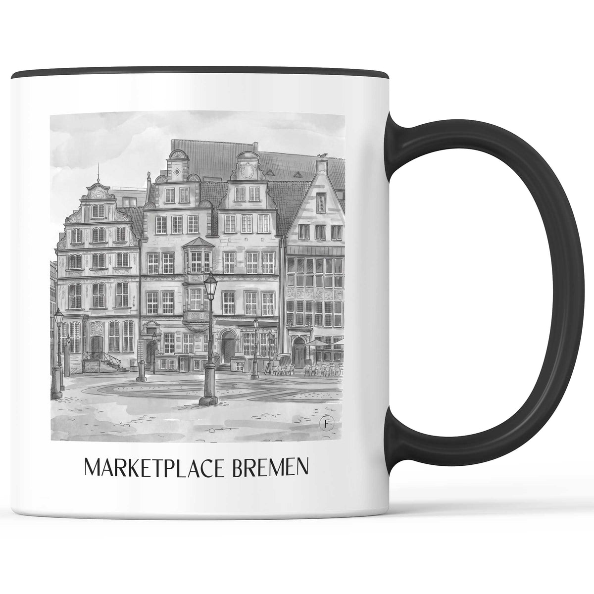 Marktplatz Kaffeebecher - Bremen - Deutschland Becher - Kaffeetasse im Aquarell Schwarz-Weiß Stil - favplace