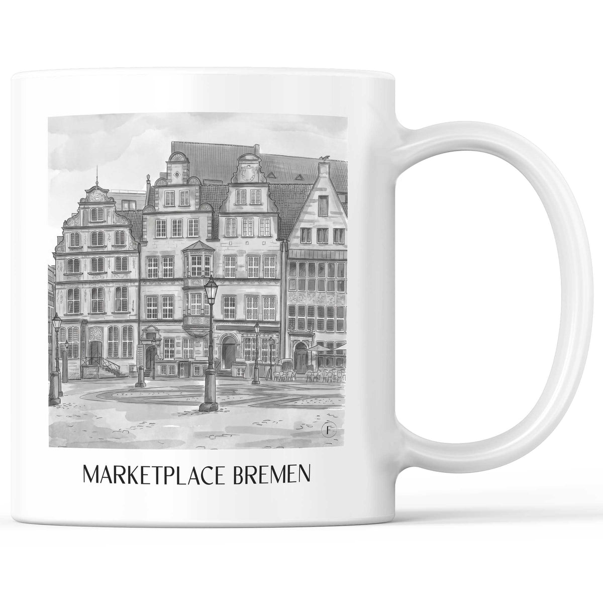 Marktplatz Kaffeebecher - Bremen - Deutschland Becher - Kaffeetasse im Aquarell Schwarz-Weiß Stil - favplace