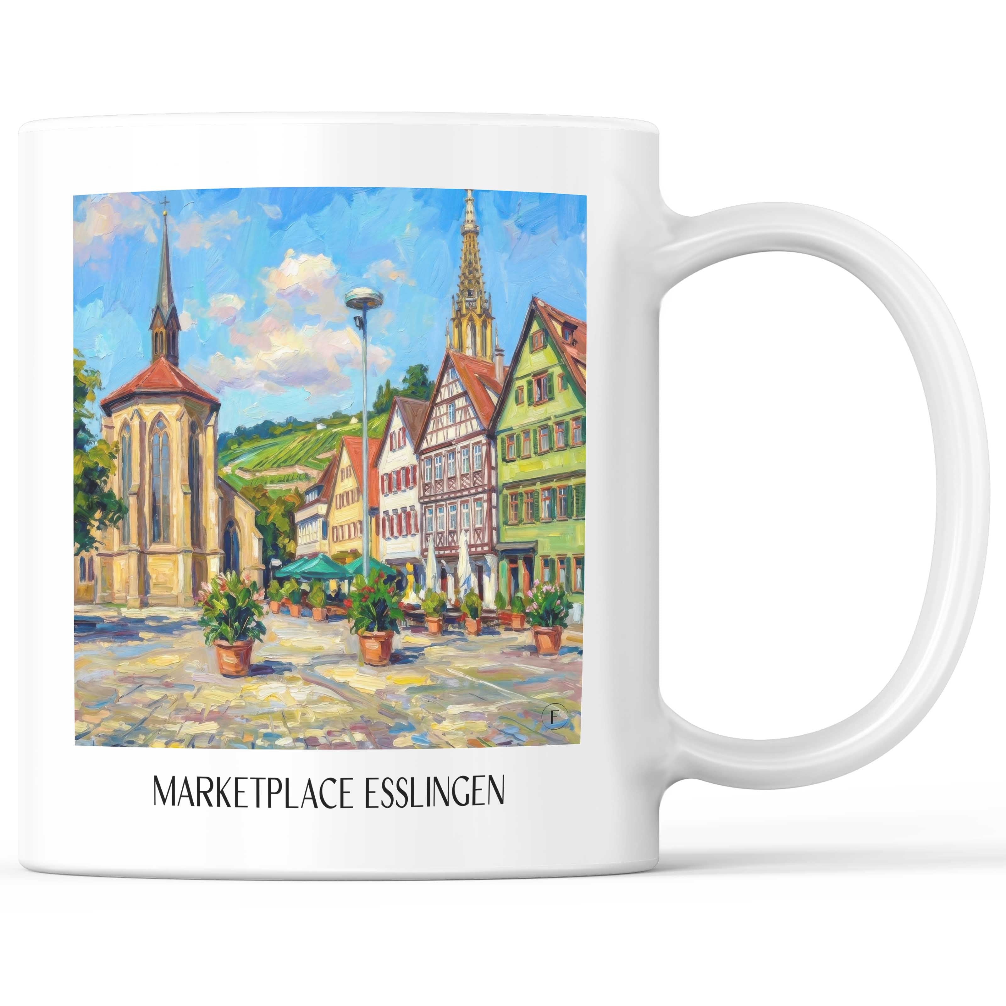 Marktplatz Kaffeebecher - Esslingen am Neckar - Deutschland Becher - Kaffeetasse im Ölgemälde Stil - favplace