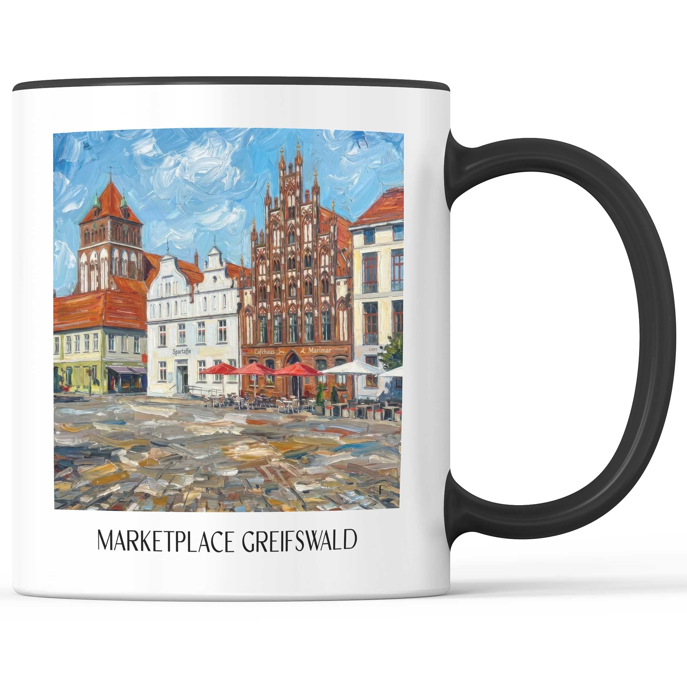 Marktplatz Kaffeebecher - Greifswald - Deutschland Becher - Kaffeetasse im Ölgemälde Stil - favplace