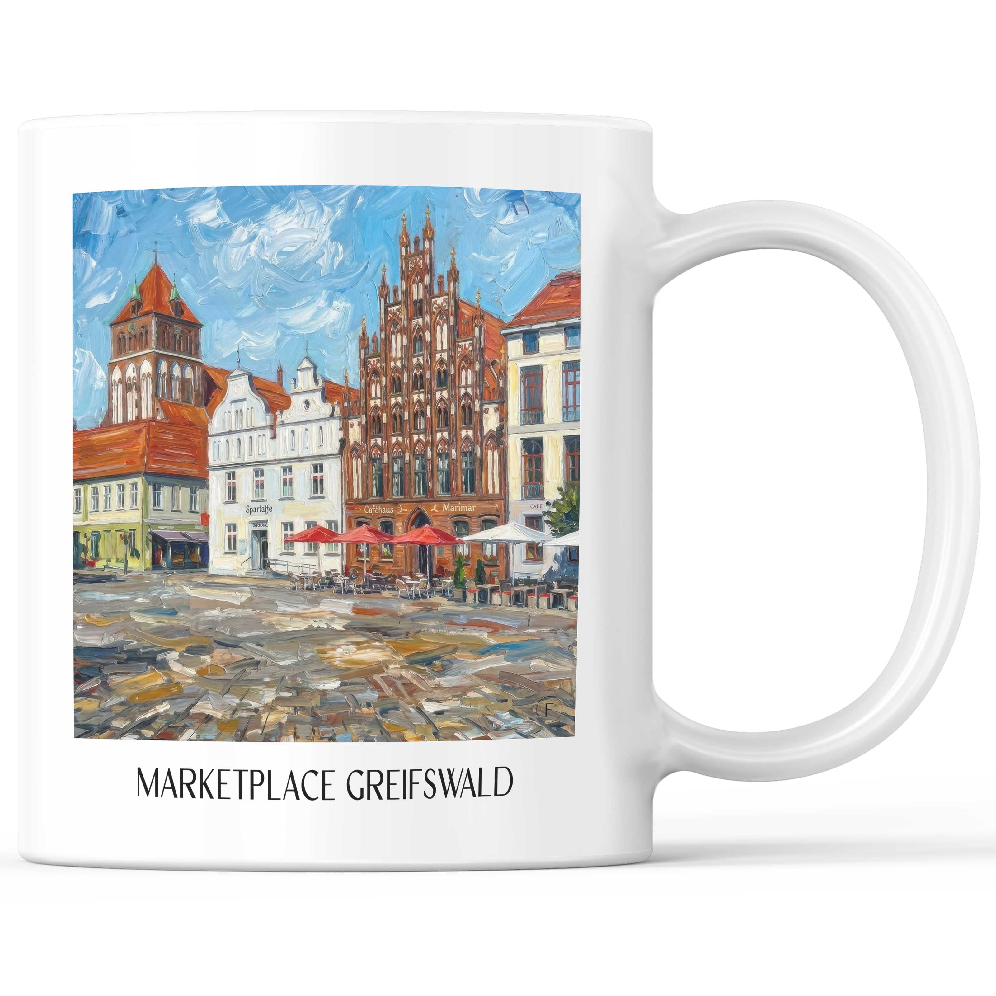 Marktplatz Kaffeebecher - Greifswald - Deutschland Becher - Kaffeetasse im Ölgemälde Stil - favplace
