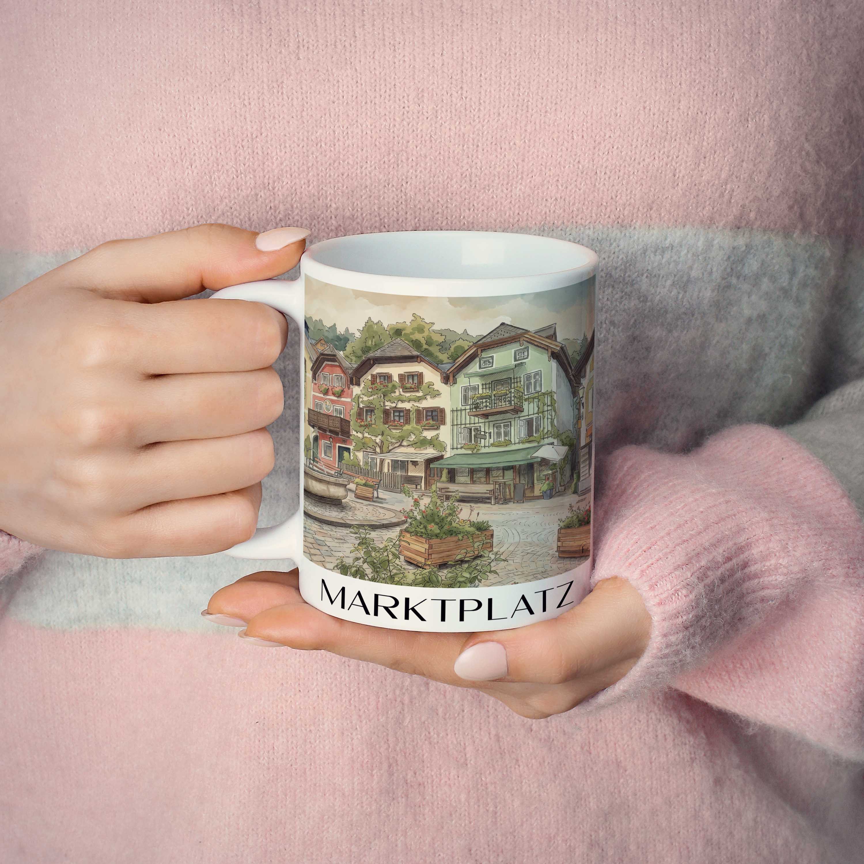 marktplatz-hallstatt-österreich-kaffeebecher-aquarell