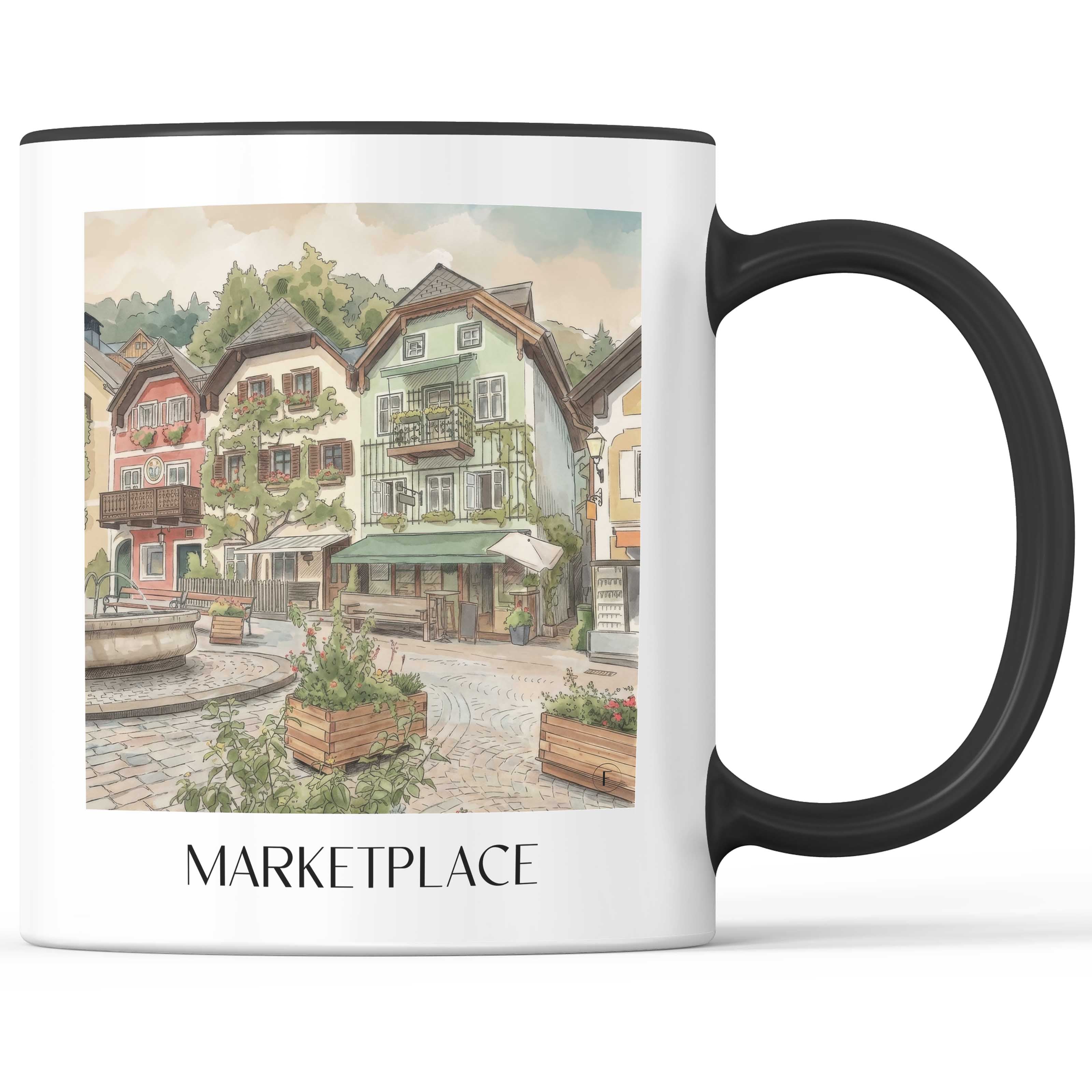 Marktplatz Kaffeebecher - Hallstatt - Österreich Becher - Kaffeetasse im Aquarell Stil - favplace