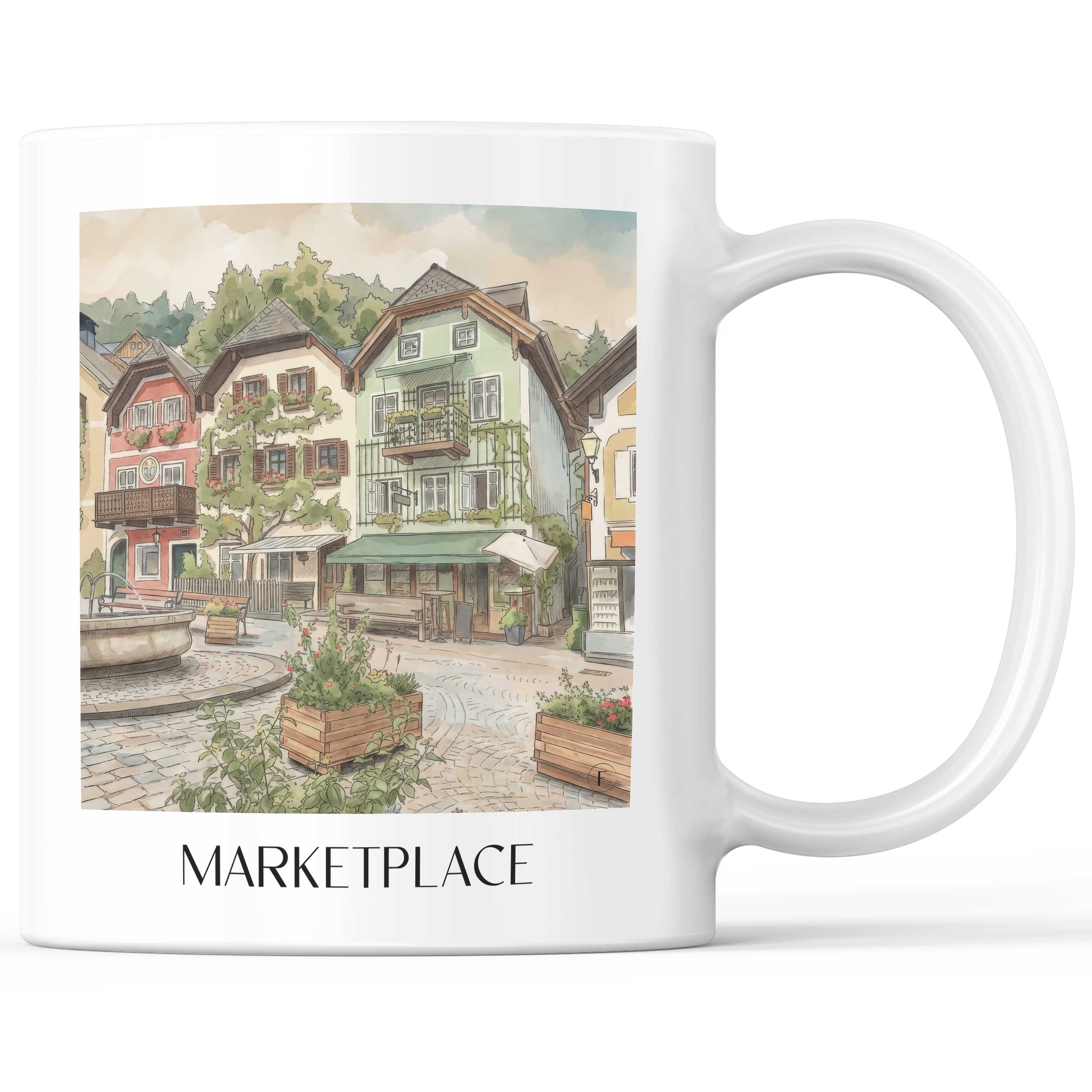 Marktplatz Kaffeebecher - Hallstatt - Österreich Becher - Kaffeetasse im Aquarell Stil - favplace