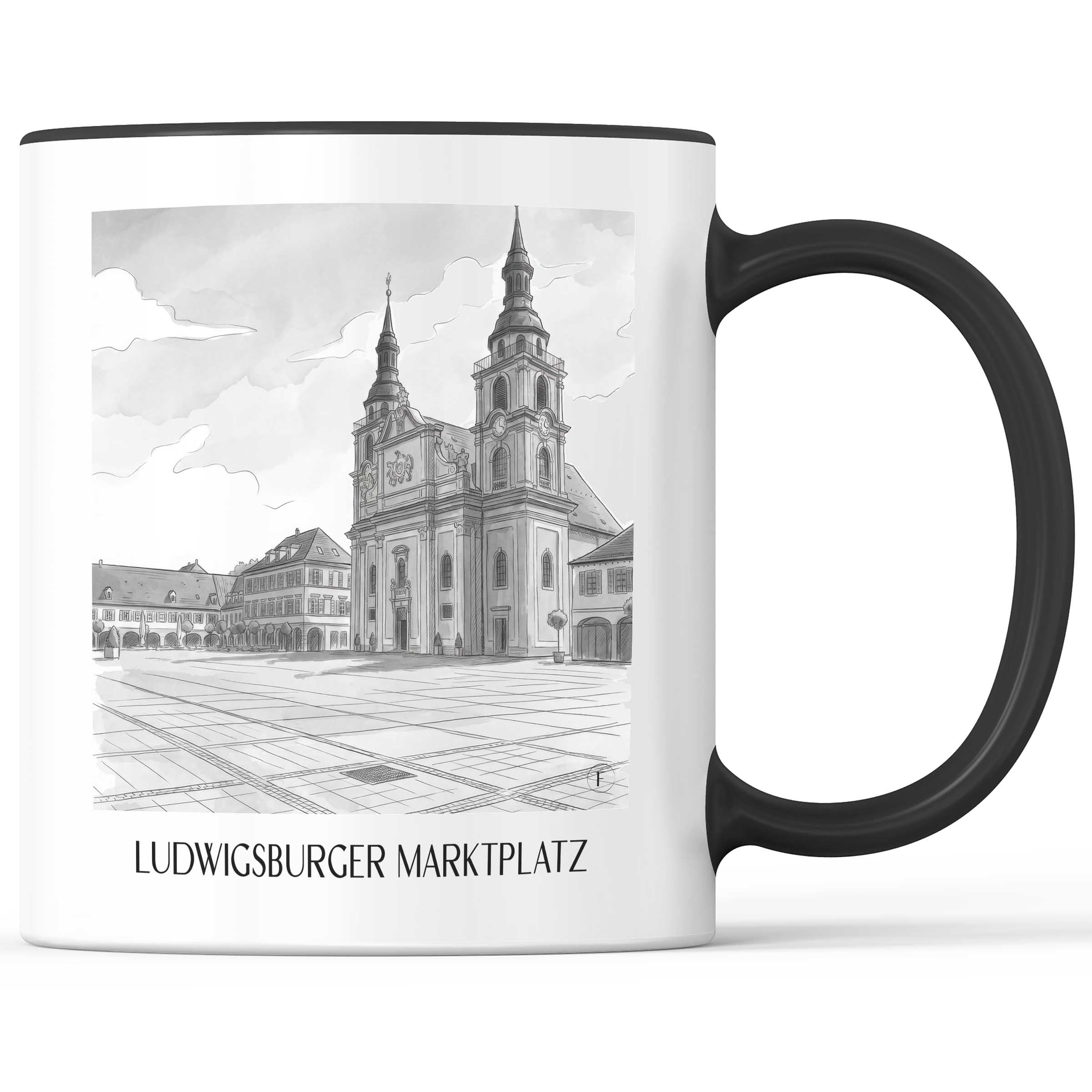 marktplatz-ludwigsburg-deutschland-kaffeebecher-aquarell-schwarz-weiss