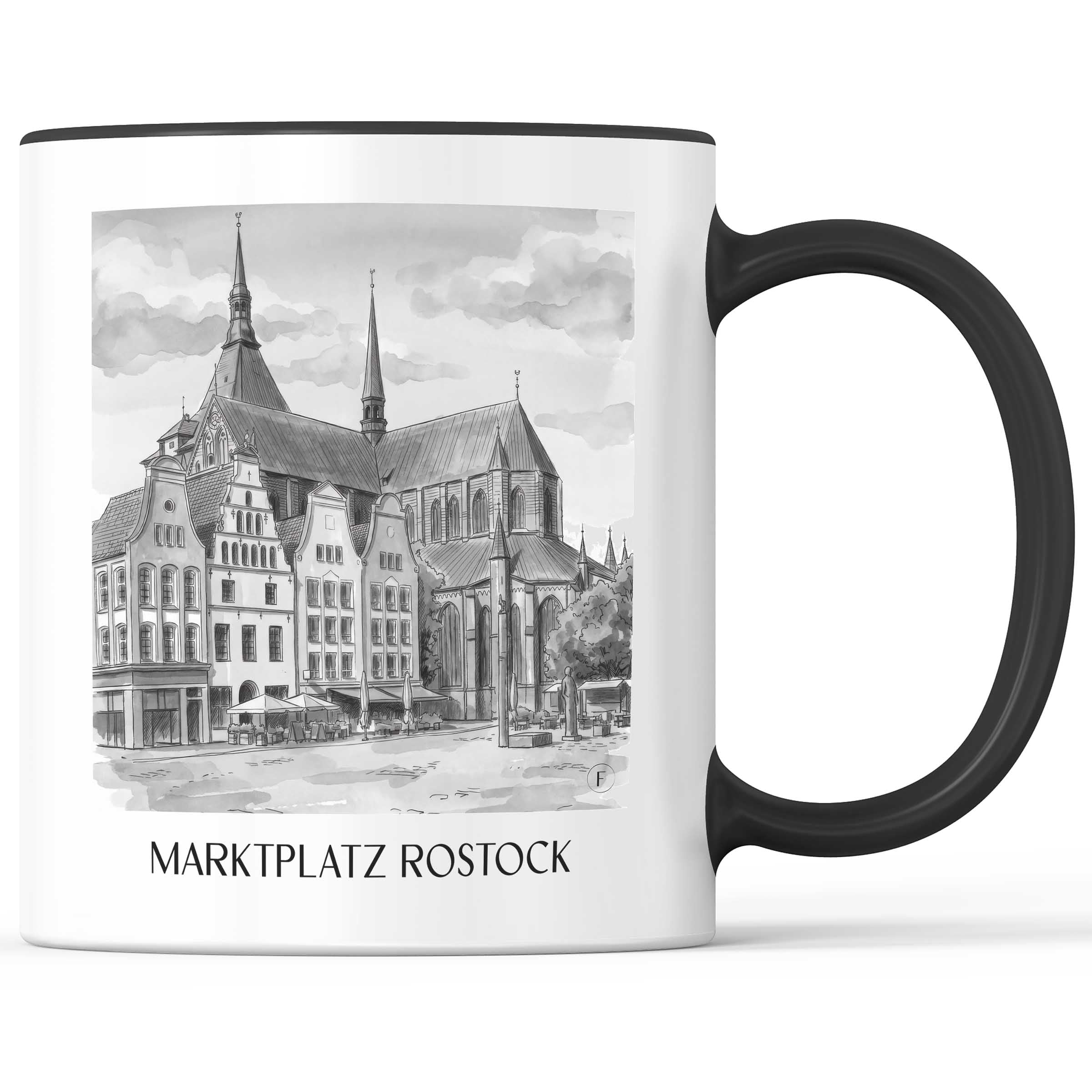 marktplatz-rostock-deutschland-kaffeebecher-aquarell-schwarz-weiss
