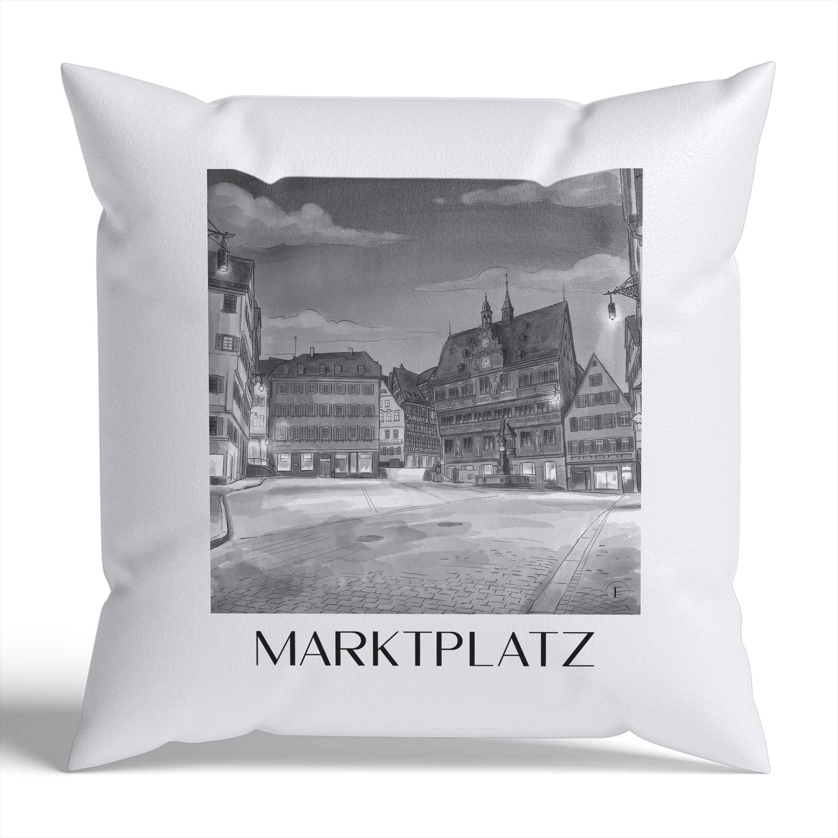 marktplatz-tübingen-deutschland-kissenbezug-aquarell-schwarz-weiss