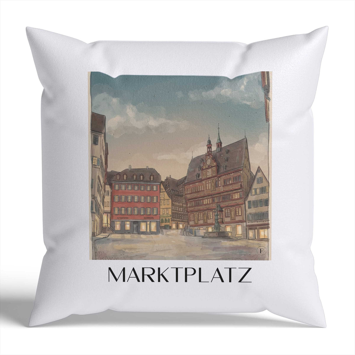 marktplatz-tübingen-deutschland-kissenbezug-aquarell