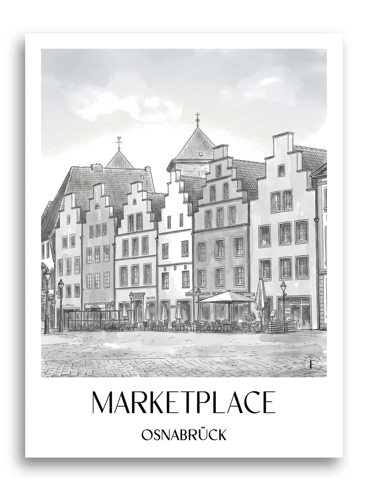 Marktplatz Poster - Osnabrück - Deutschland Kunstdruck - Aquarell Schwarz-Weiß von A4 bis A1 - favplace