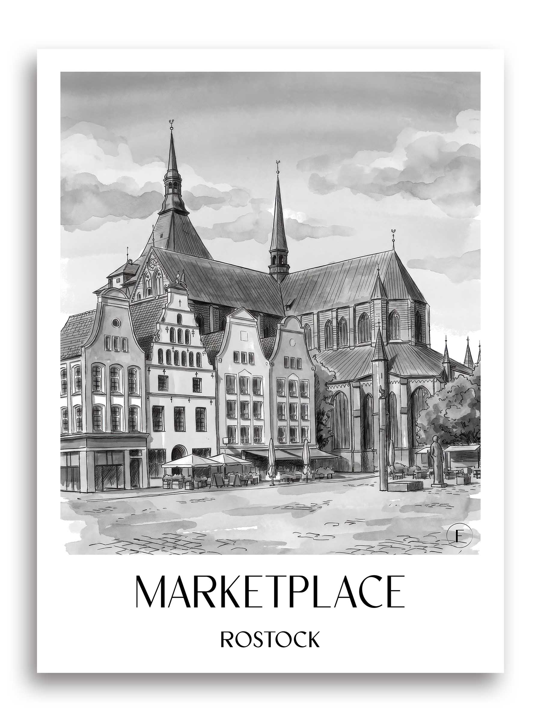 Marktplatz Poster - Rostock - Deutschland Kunstdruck - Aquarell Schwarz-Weiß von A4 bis A1 - favplace