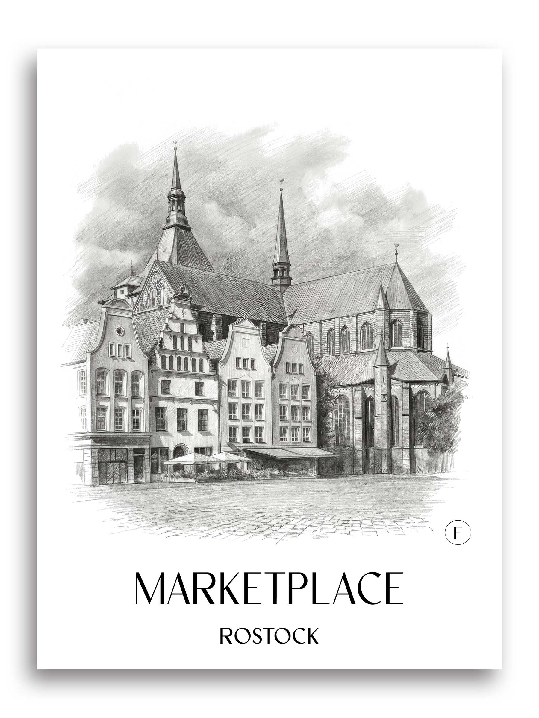 Marktplatz Poster - Rostock - Deutschland Kunstdruck - Zeichnung von A4 bis A1